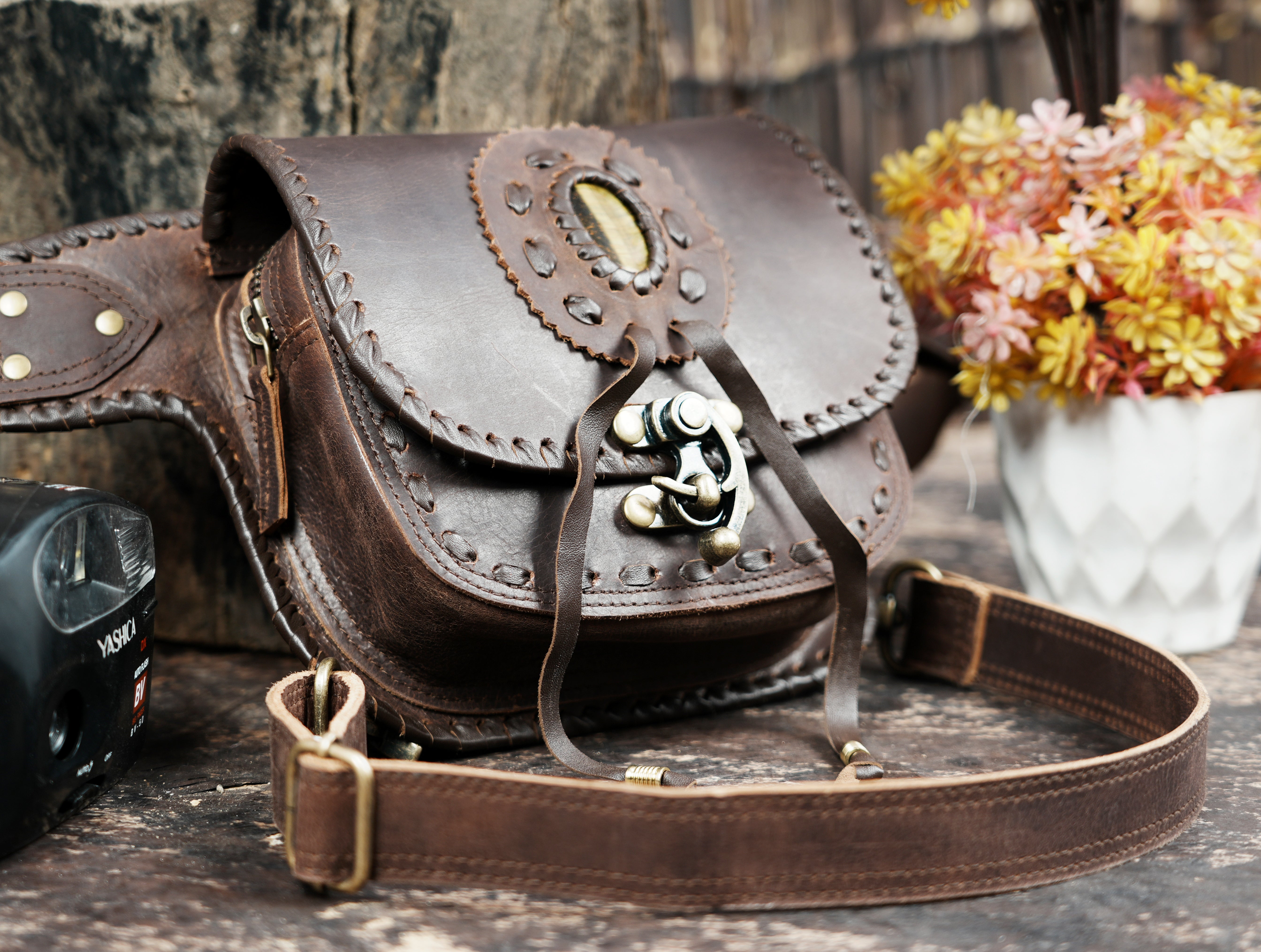 Handmade leather waist thigh belt with front pouch || Brown leather thigh belt bag with front flap pouch (LT/AB/WBTS/6045)