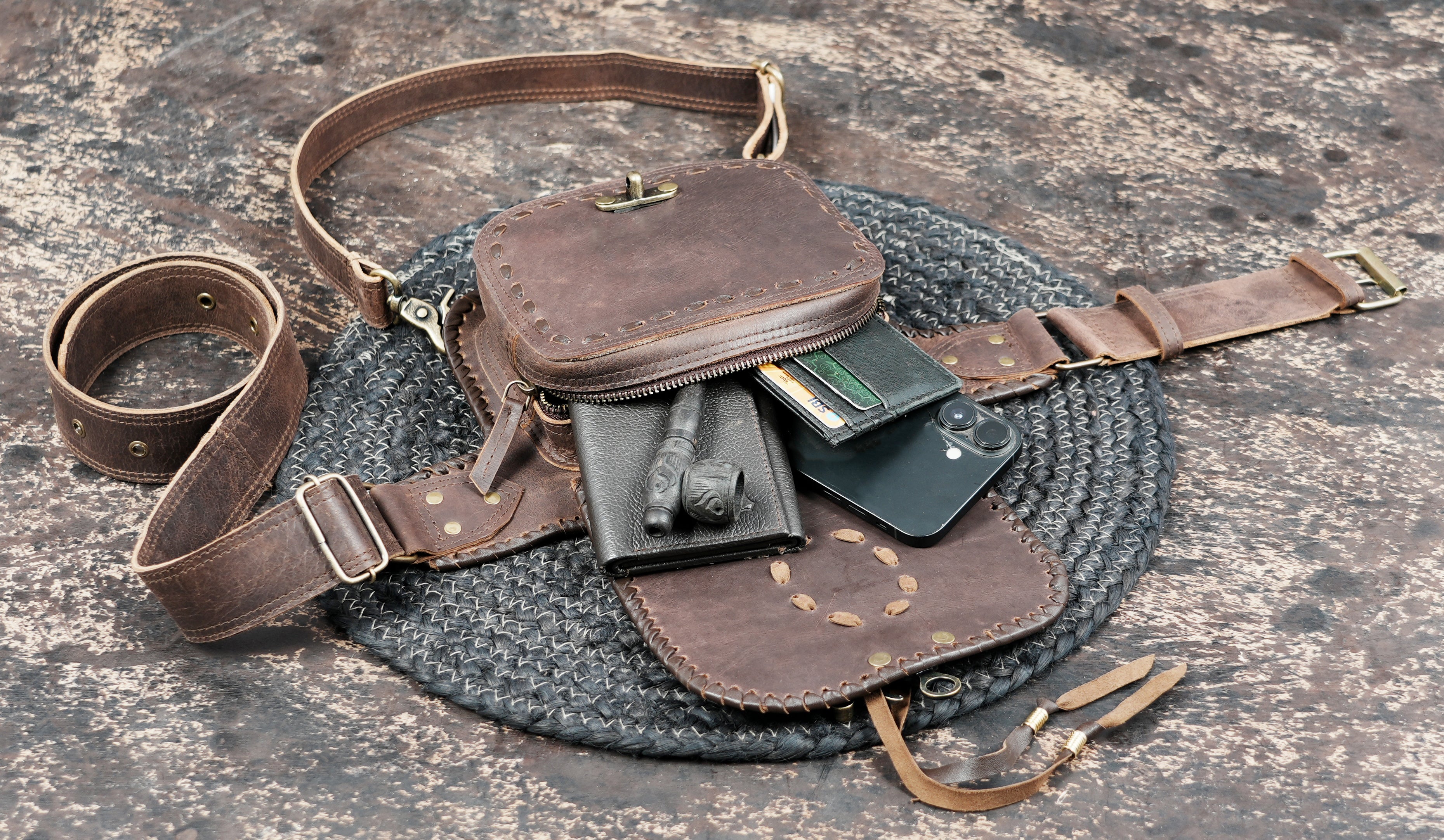 Handmade leather waist thigh belt with front pouch || Brown leather thigh belt bag with front flap pouch (LT/AB/WBTS/6045)