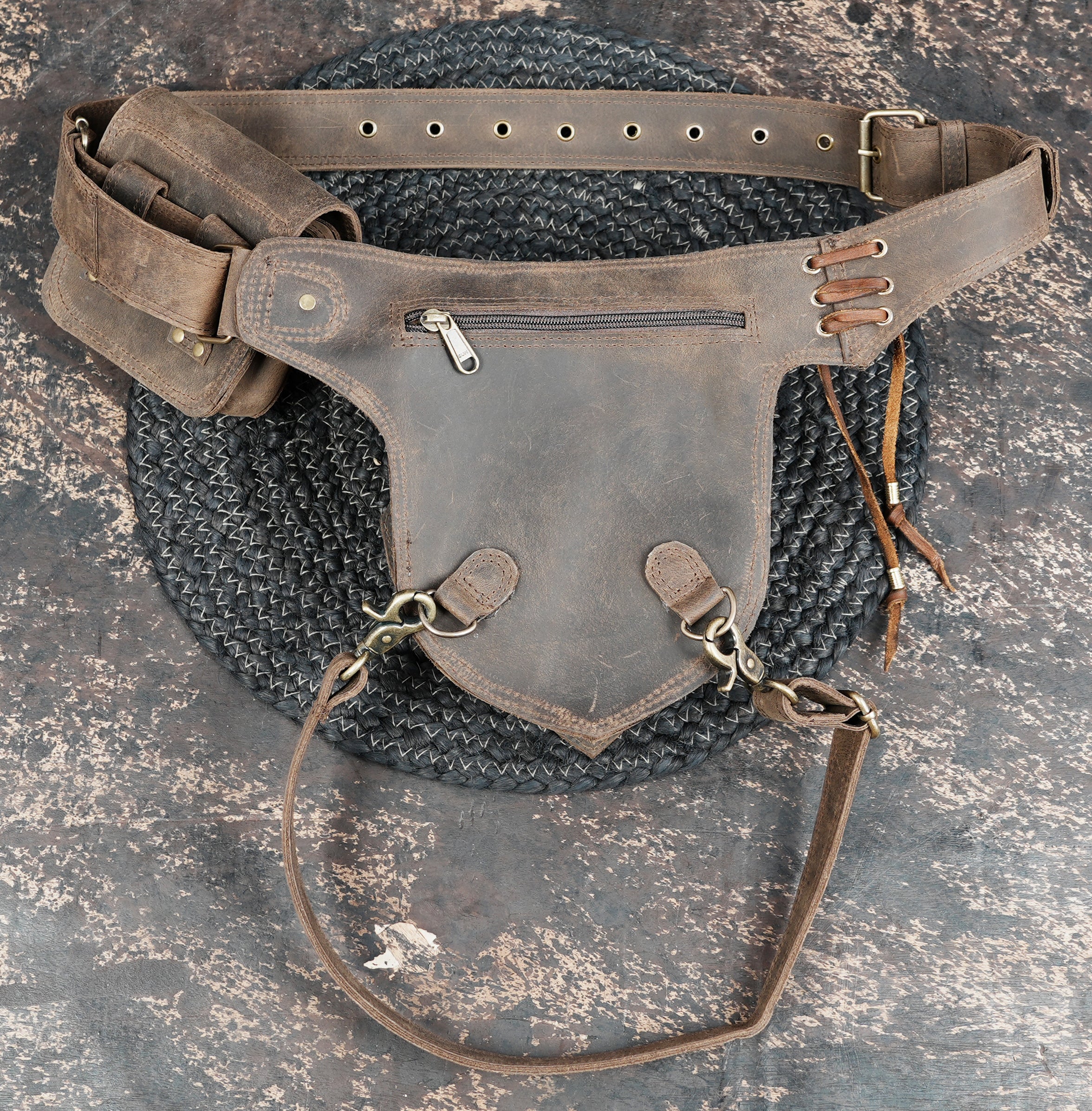 Leather waist thigh belt with decorative stitching and pouch