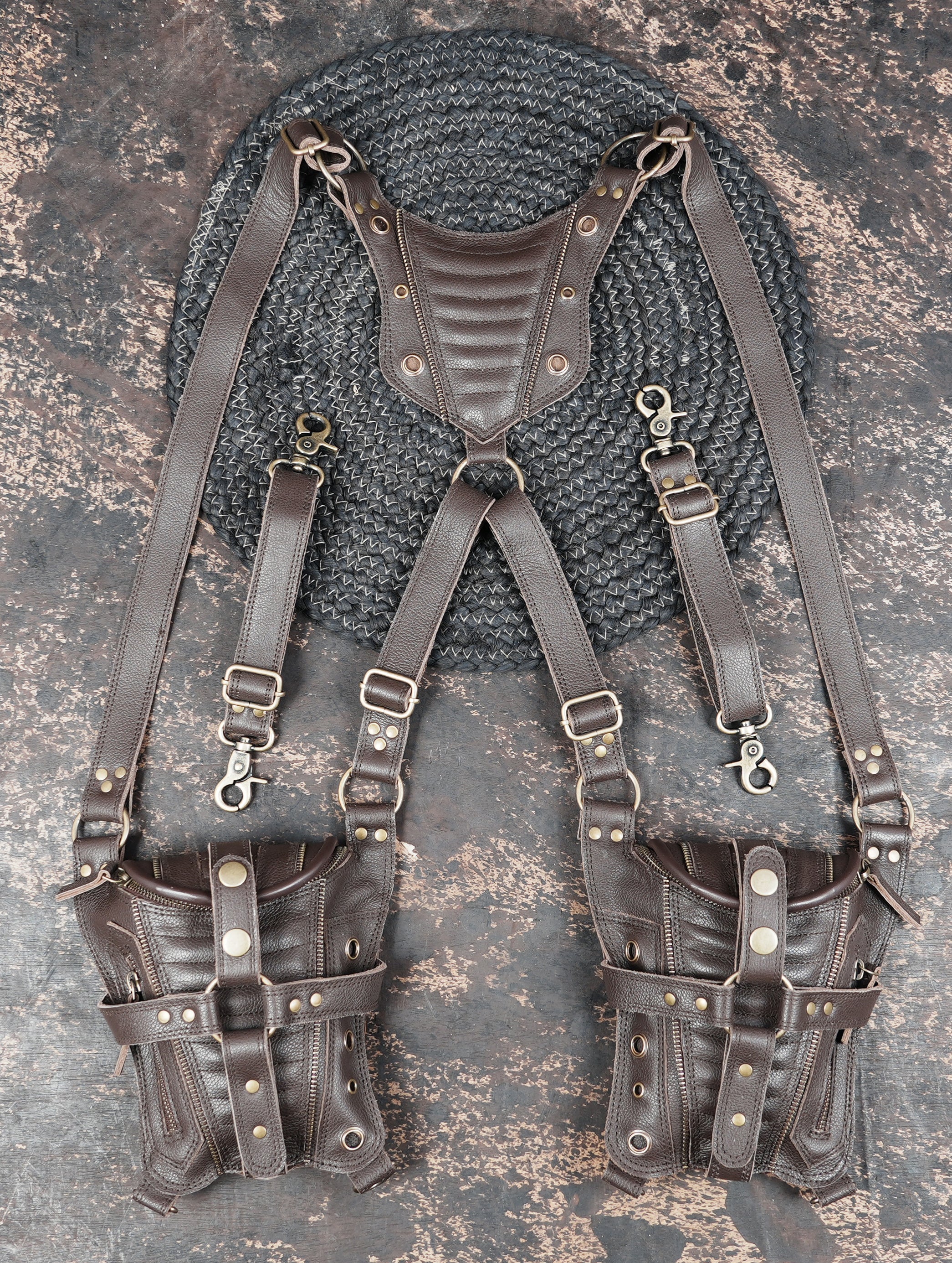 Handmade Leather Shoulder Holster with Dual Zipper Pouches || Handcrafted Leather Shoulder Holster with Metal Hardware (LT/AB/HLS/6124)