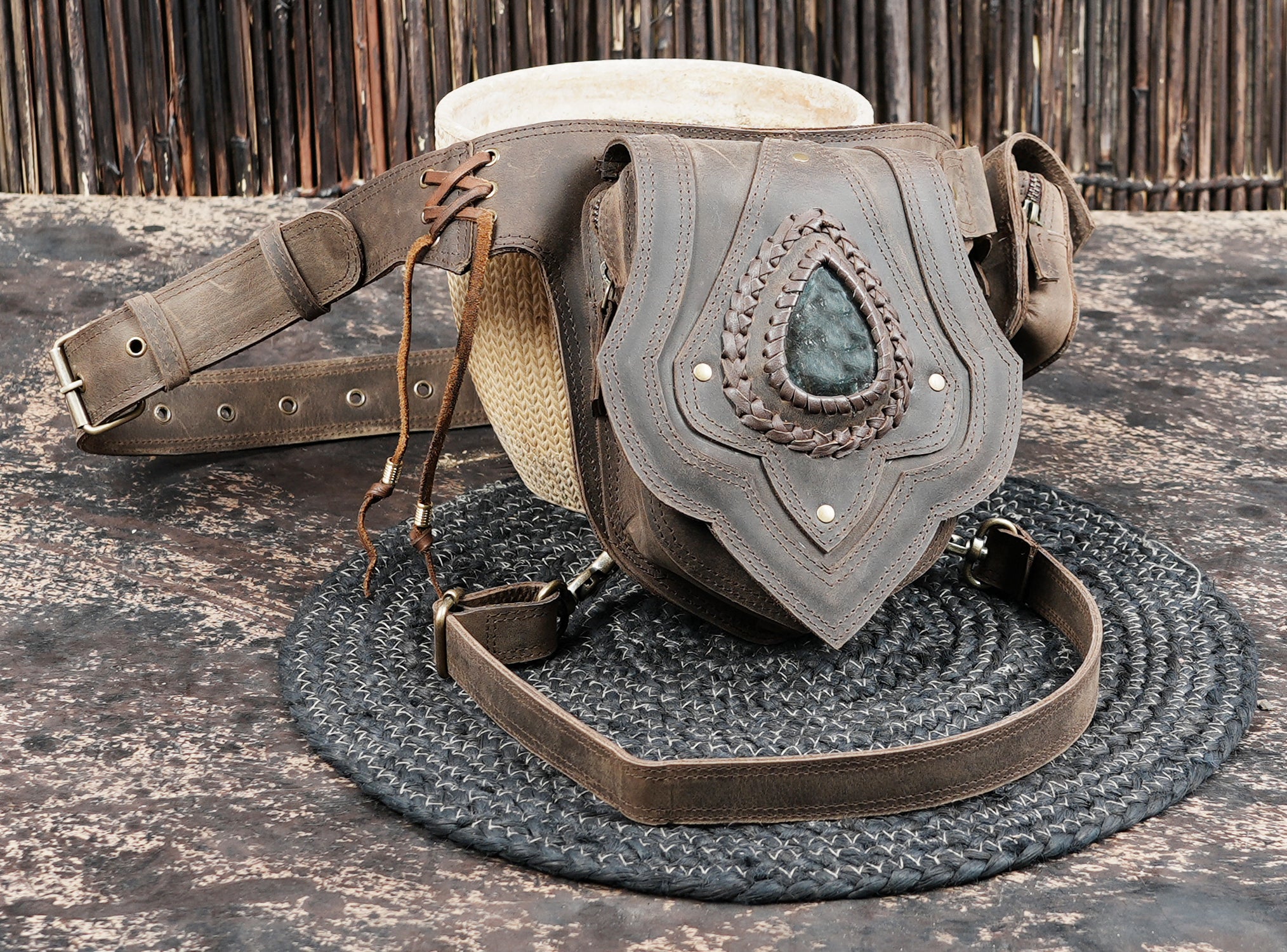 Leather waist and thigh belt bag for festivals and travel