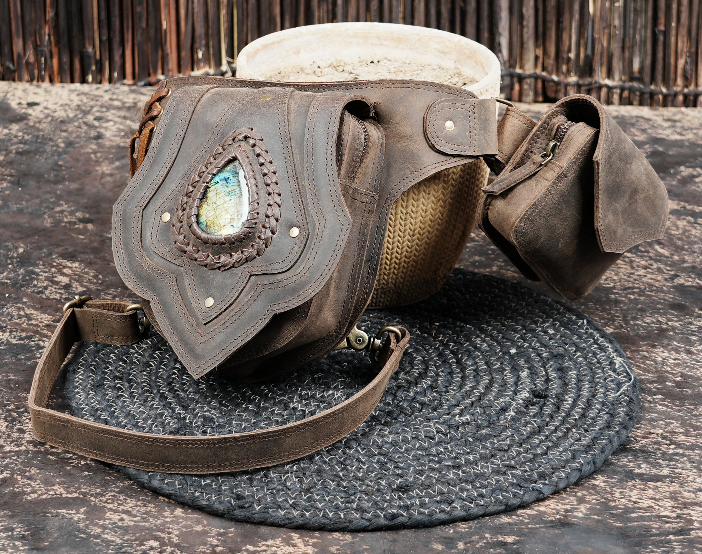 Boho style leather thigh belt with utility pouch
