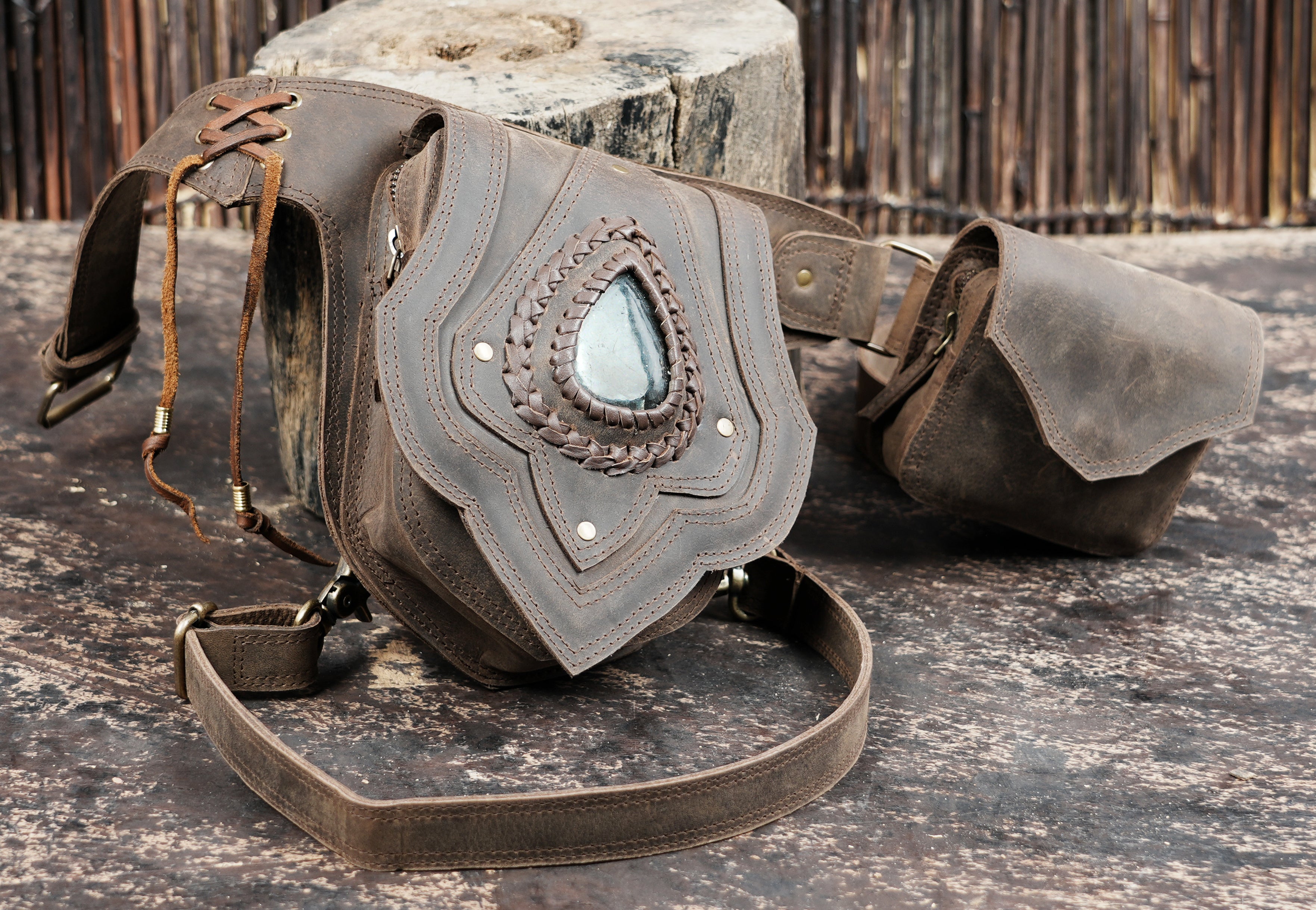 Adjustable leather waist thigh belt with handcrafted detailing