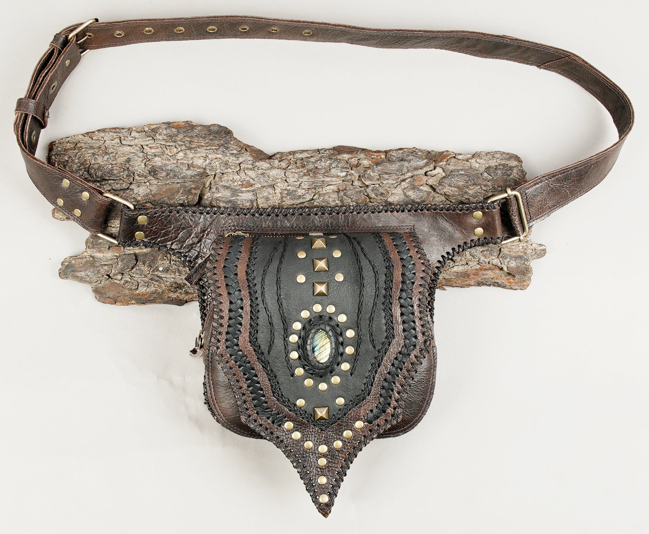 Unique handmade leather waist belt with stone decoration