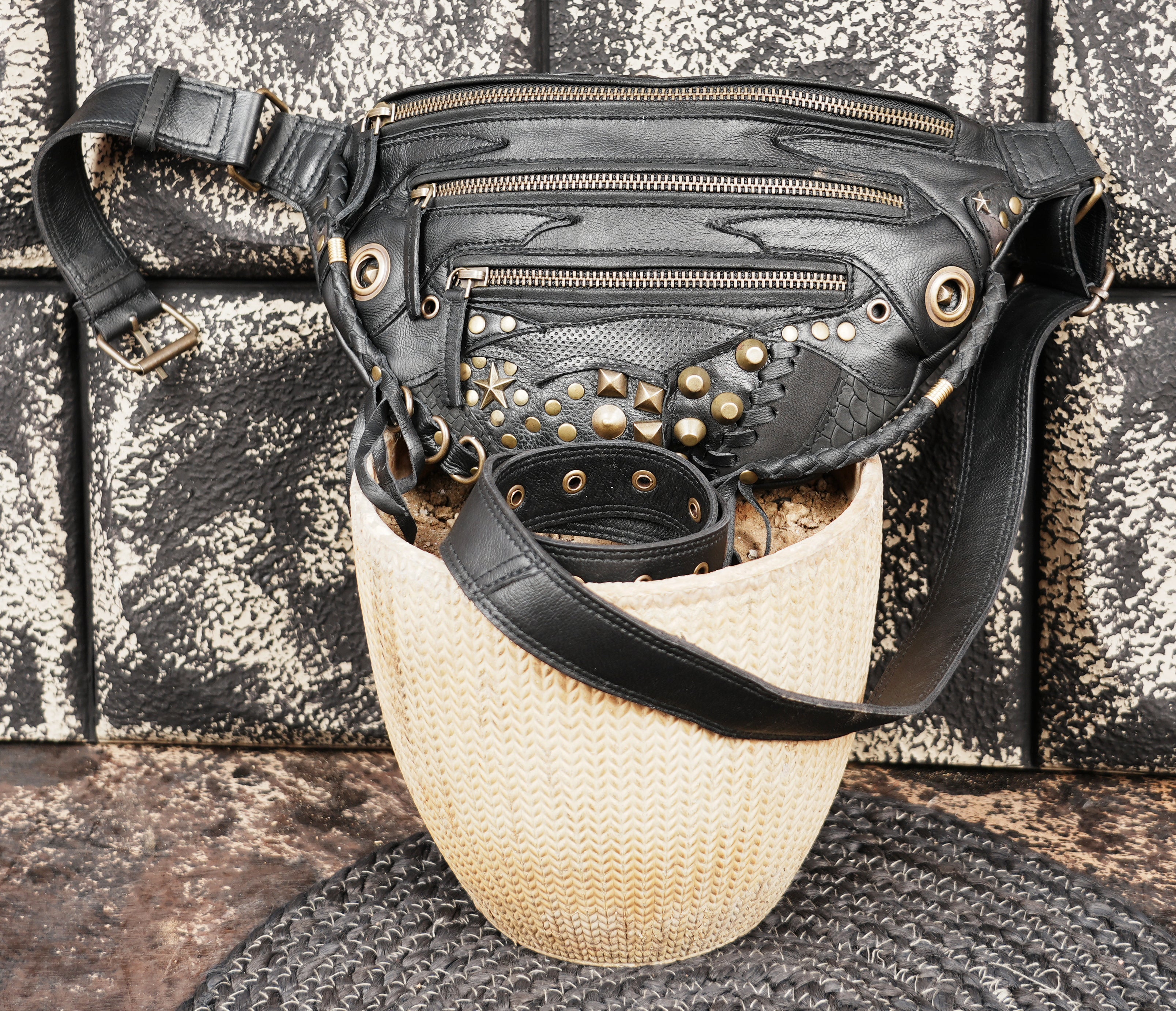 Adjustable leather shoulder belt pouch for travel and festivals