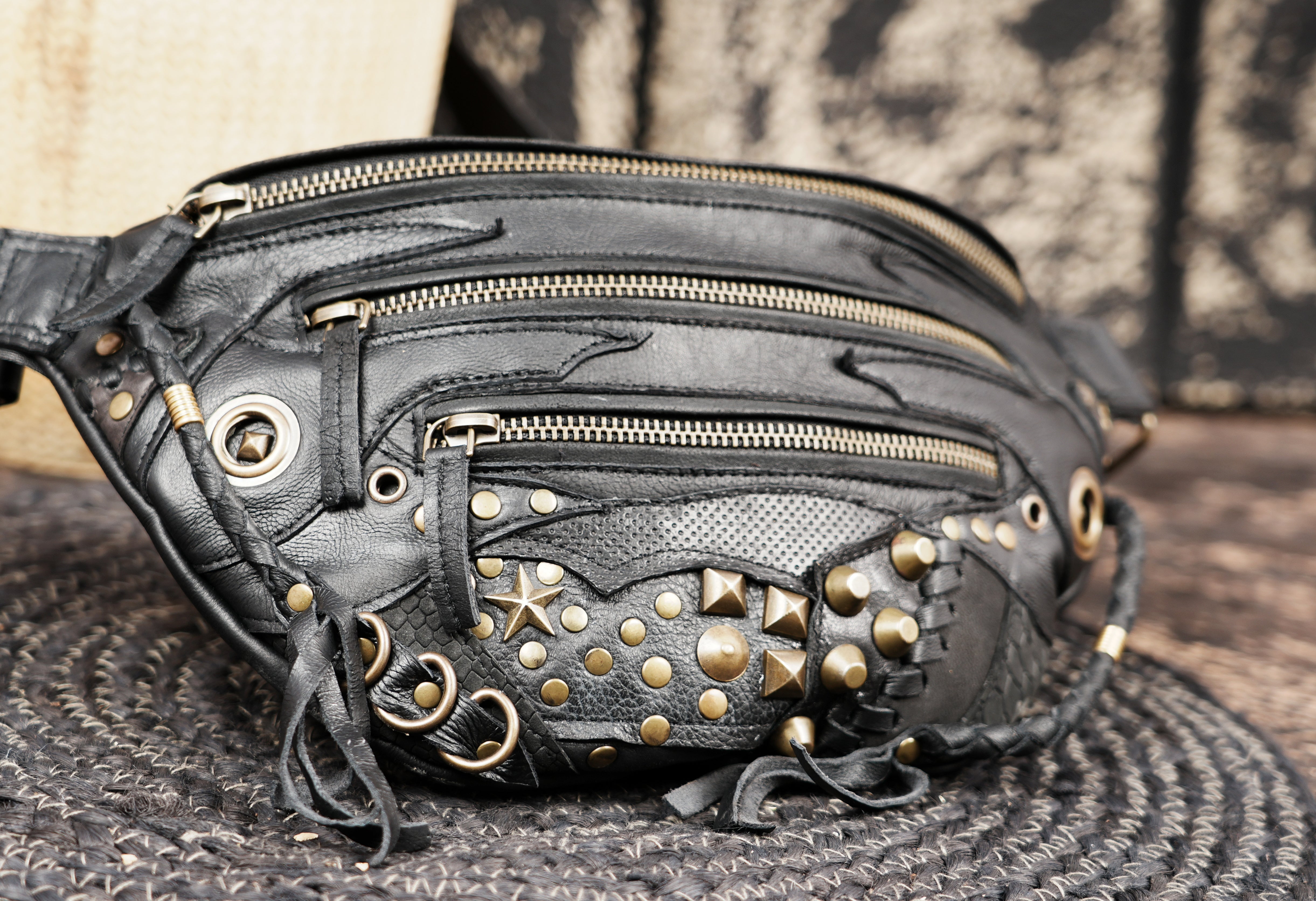 Leather shoulder belt pouch with gothic tribal stud work