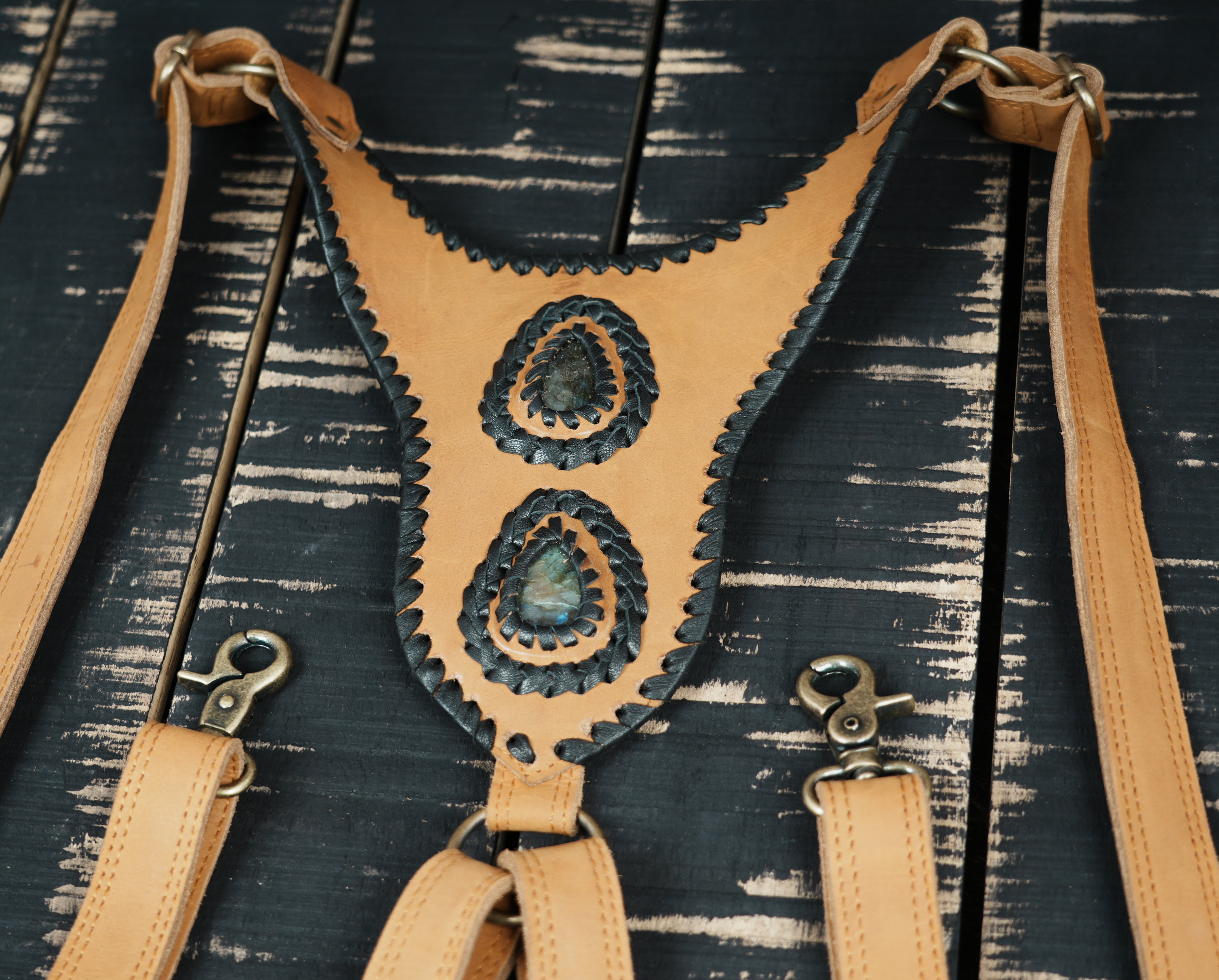 Boho leather shoulder holster bag with long fringe and stone accent