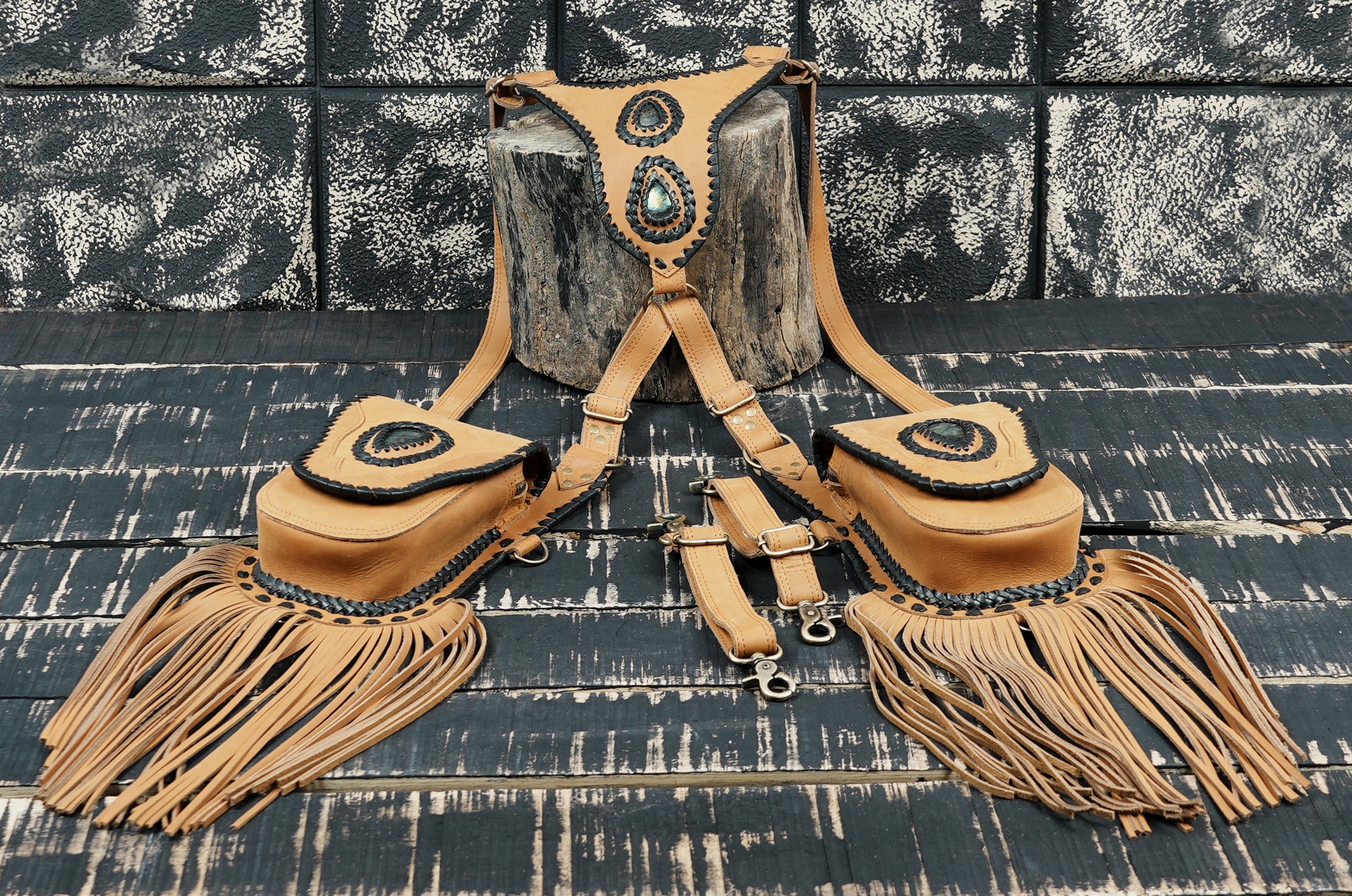 Handmade leather shoulder holster pouch with decorative gemstone