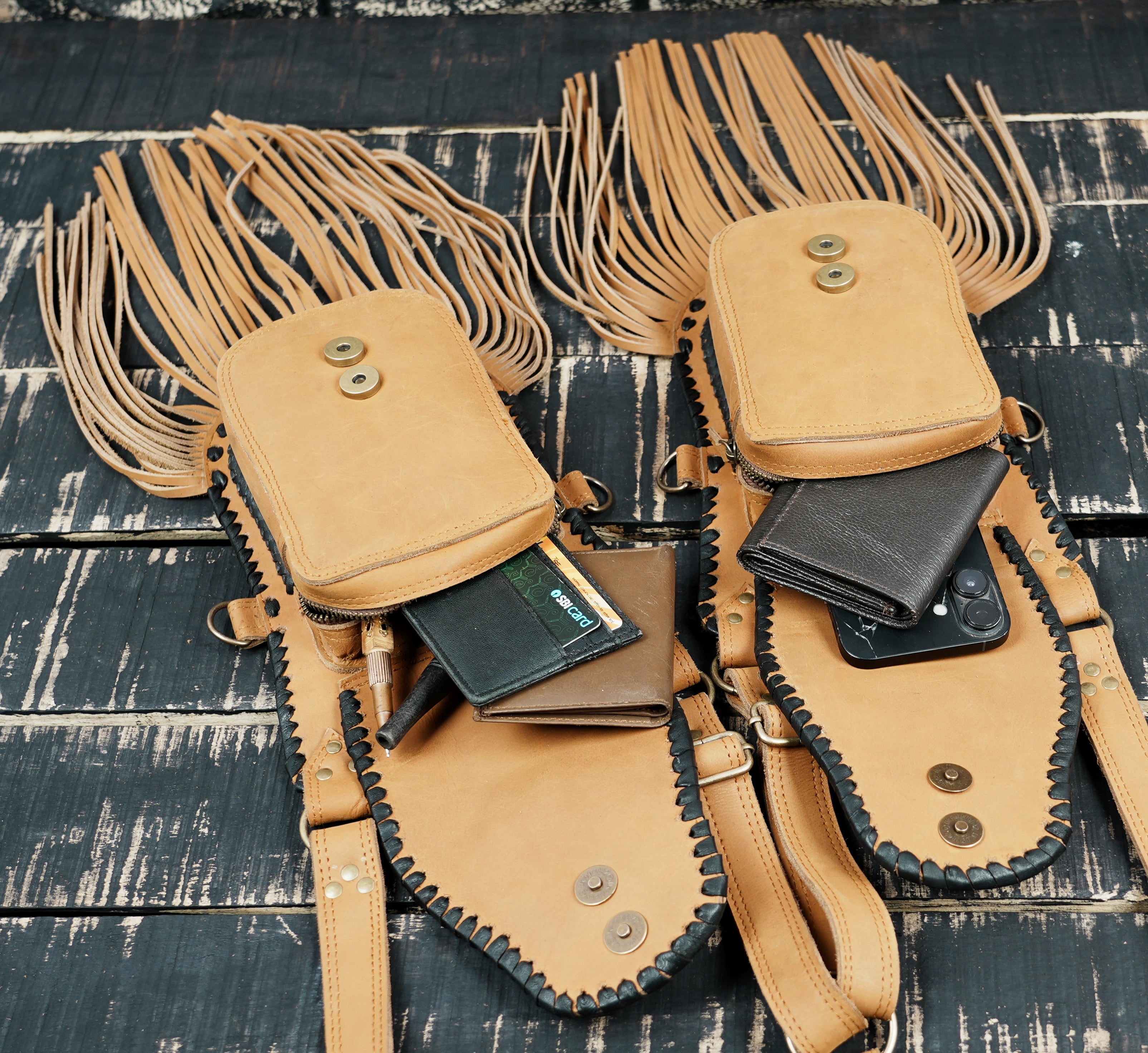 Tribal inspired leather holster bag with handcrafted finish