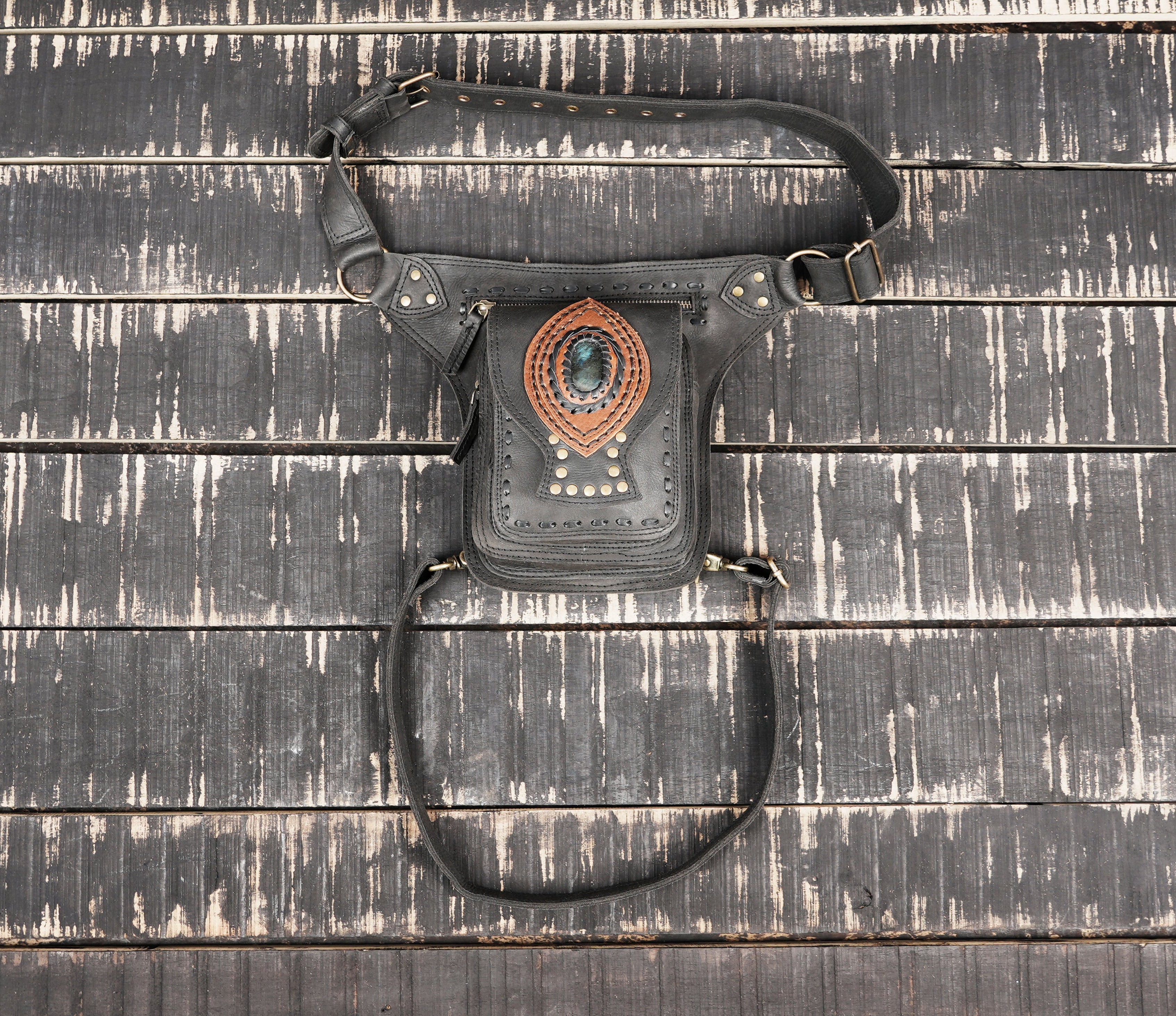 Handcrafted black leather thigh belt with gemstone detail