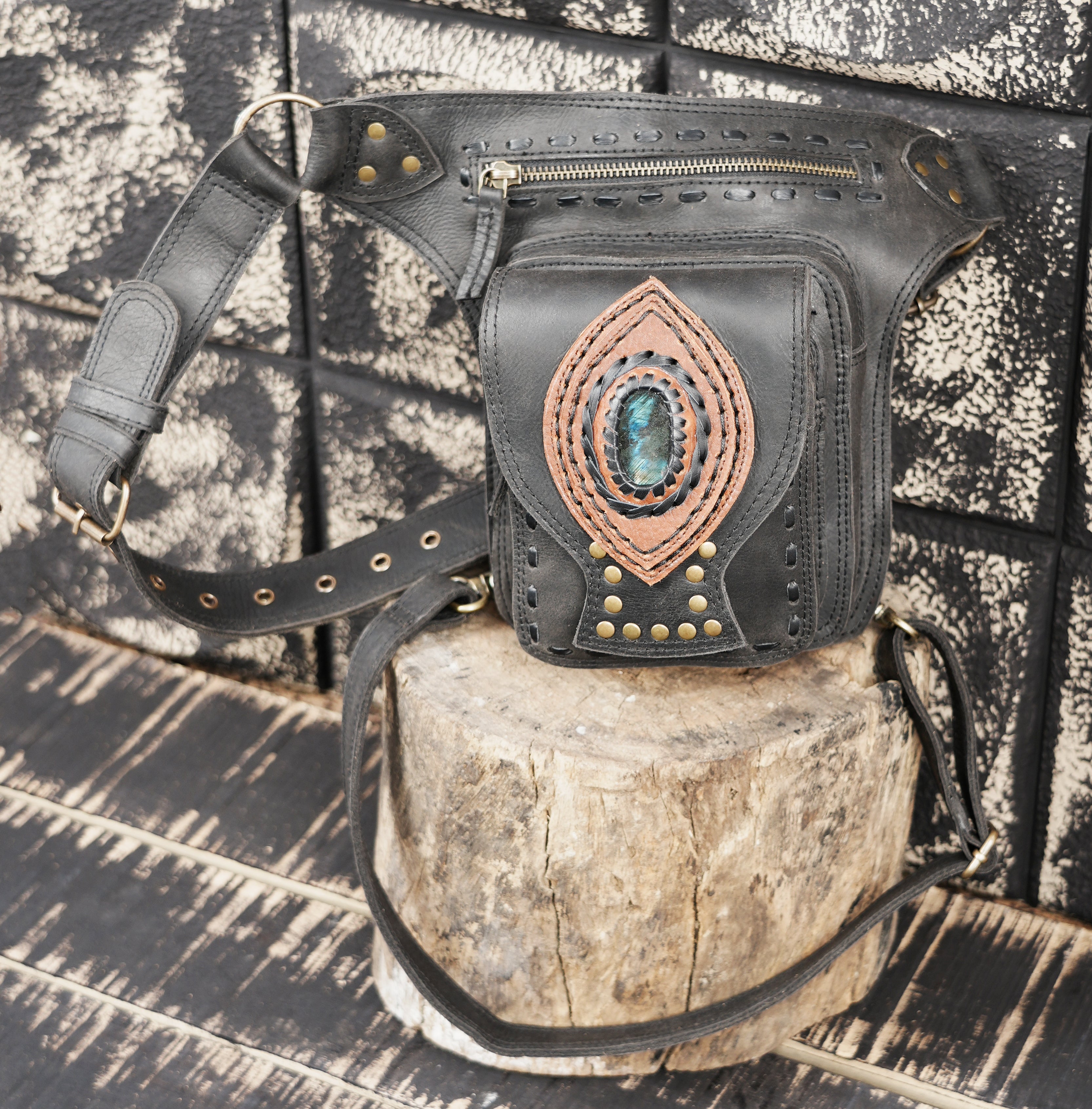 Festival leather thigh belt with gemstone centerpiece