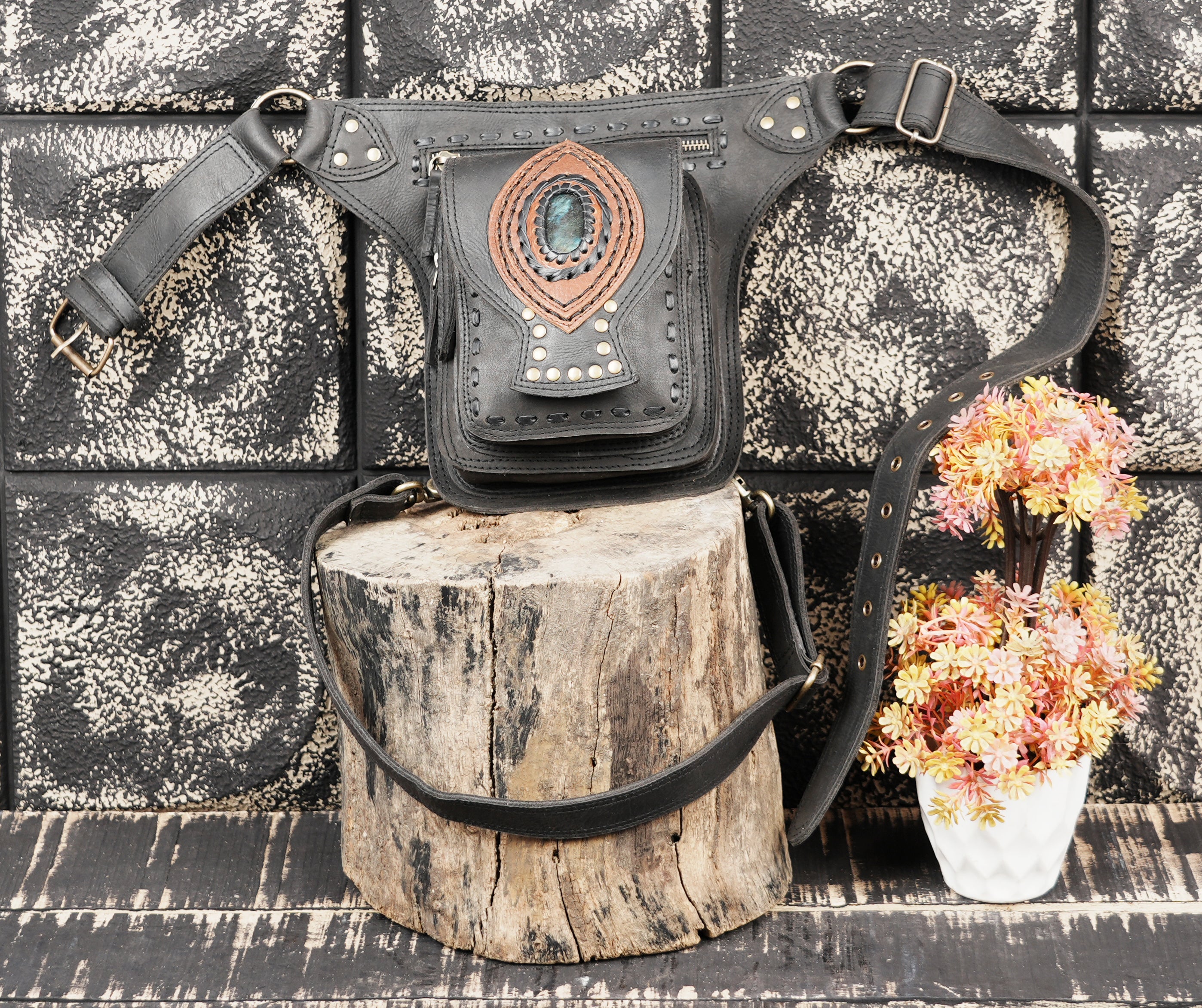 Handmade leather thigh belt with layered leather design