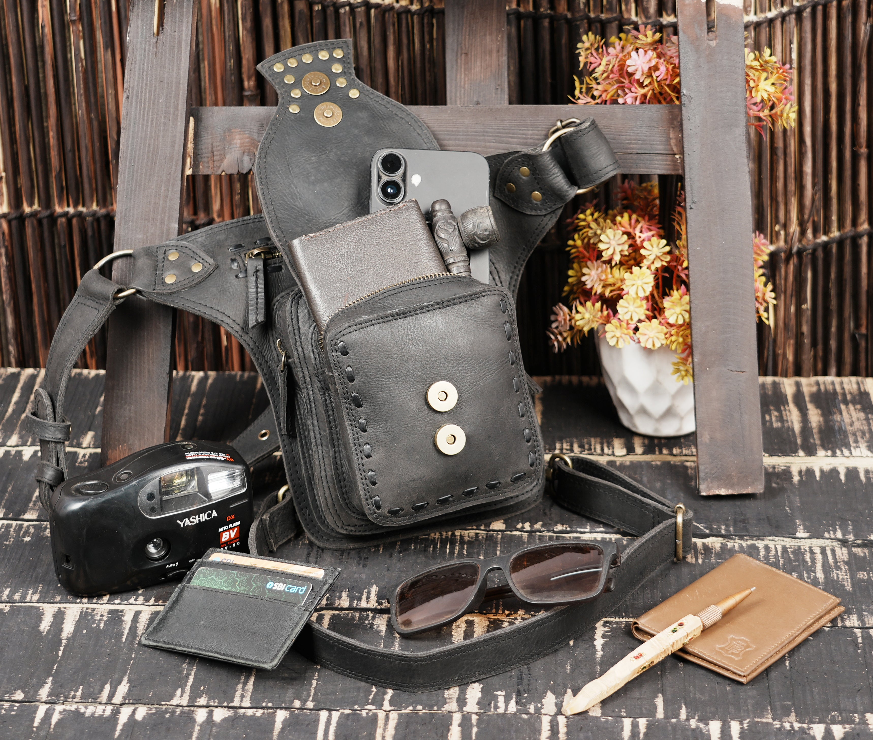 Premium quality black leather thigh belt with strong stitching