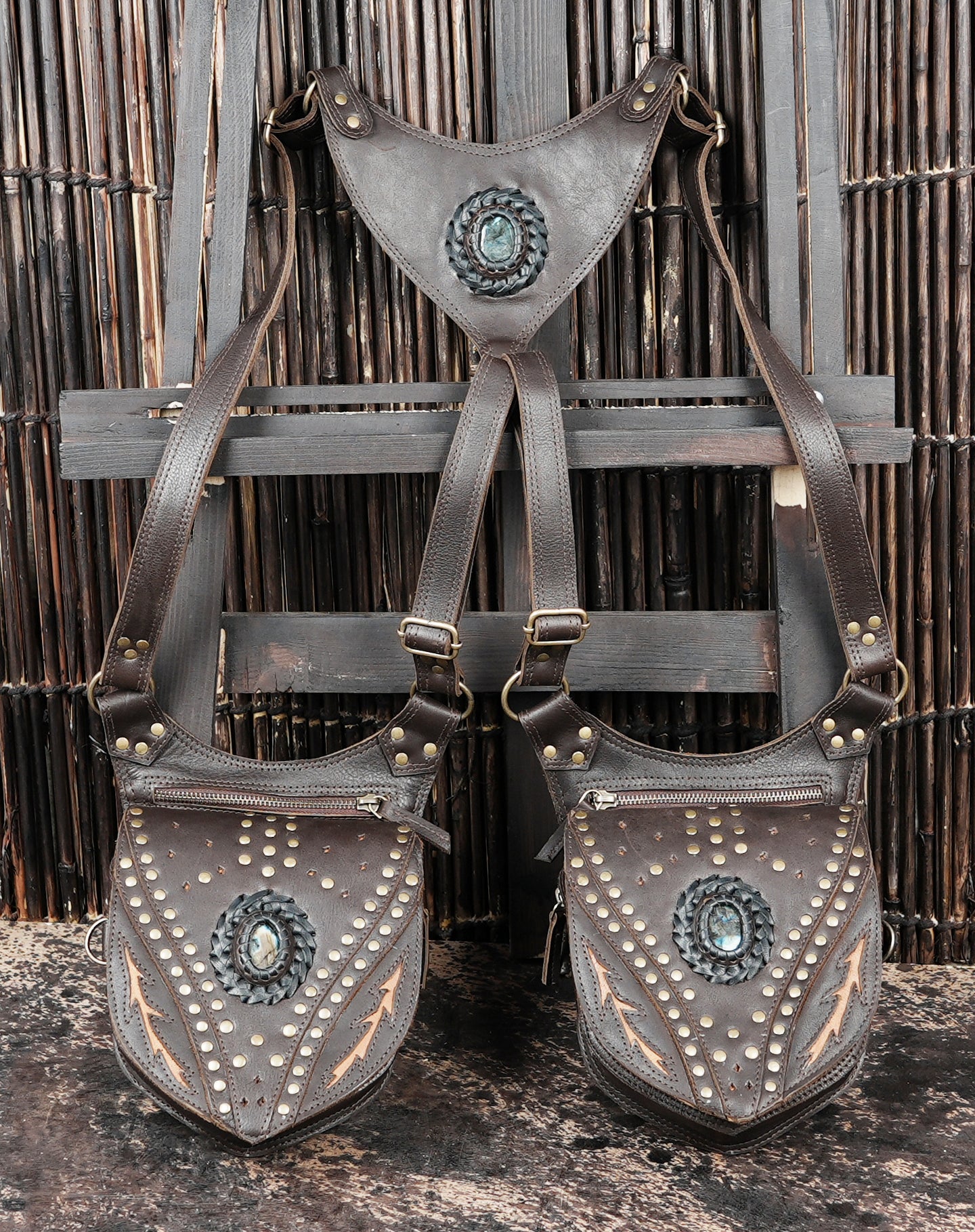 Handmade Leather Shoulder Holster with Dual Zipper Pouches || Tribal Style Leather Shoulder Holster with Stone Detail (LT/AB/HLS/6064)