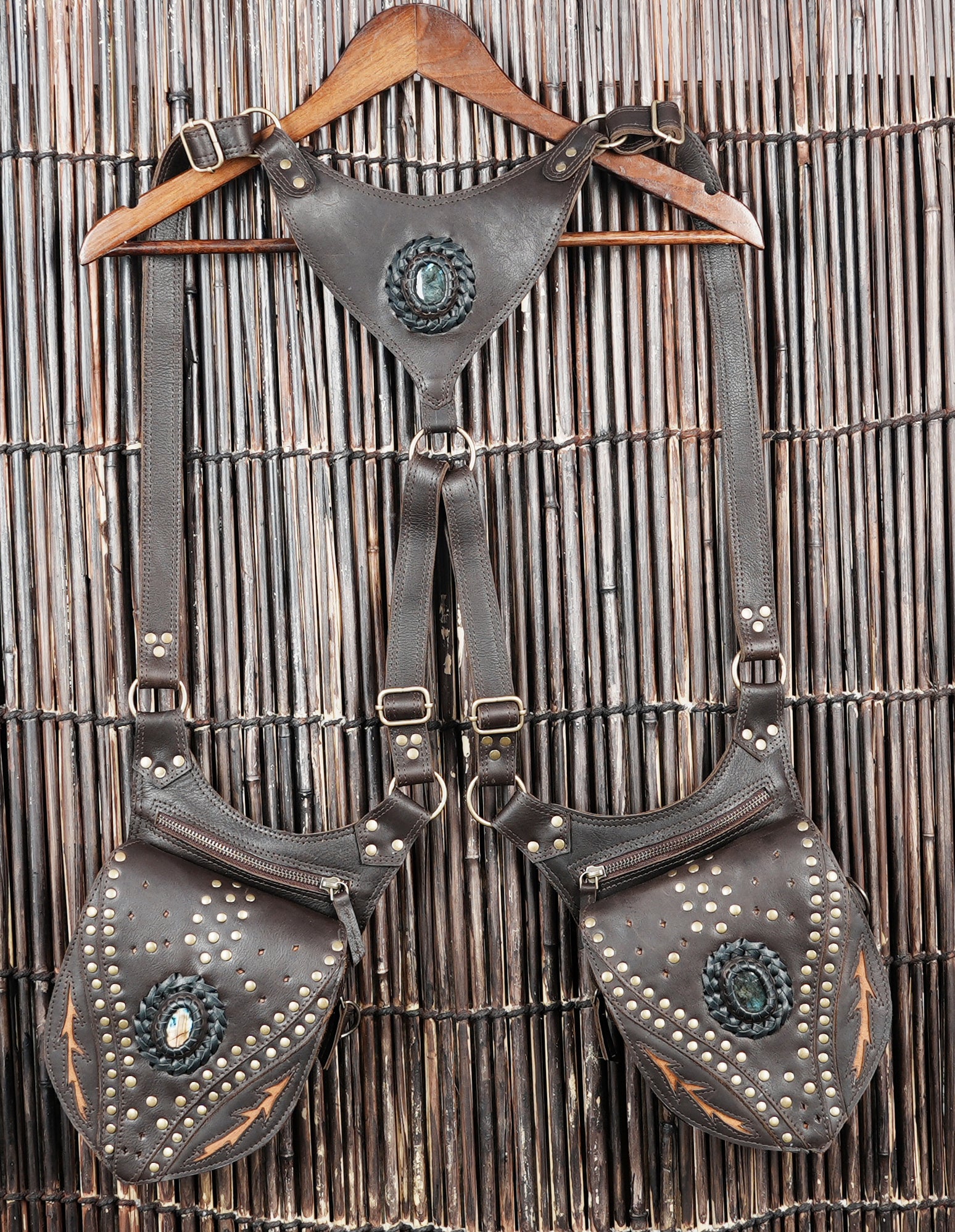 Handmade Leather Shoulder Holster with Dual Zipper Pouches || Tribal Style Leather Shoulder Holster with Stone Detail (LT/AB/HLS/6064)