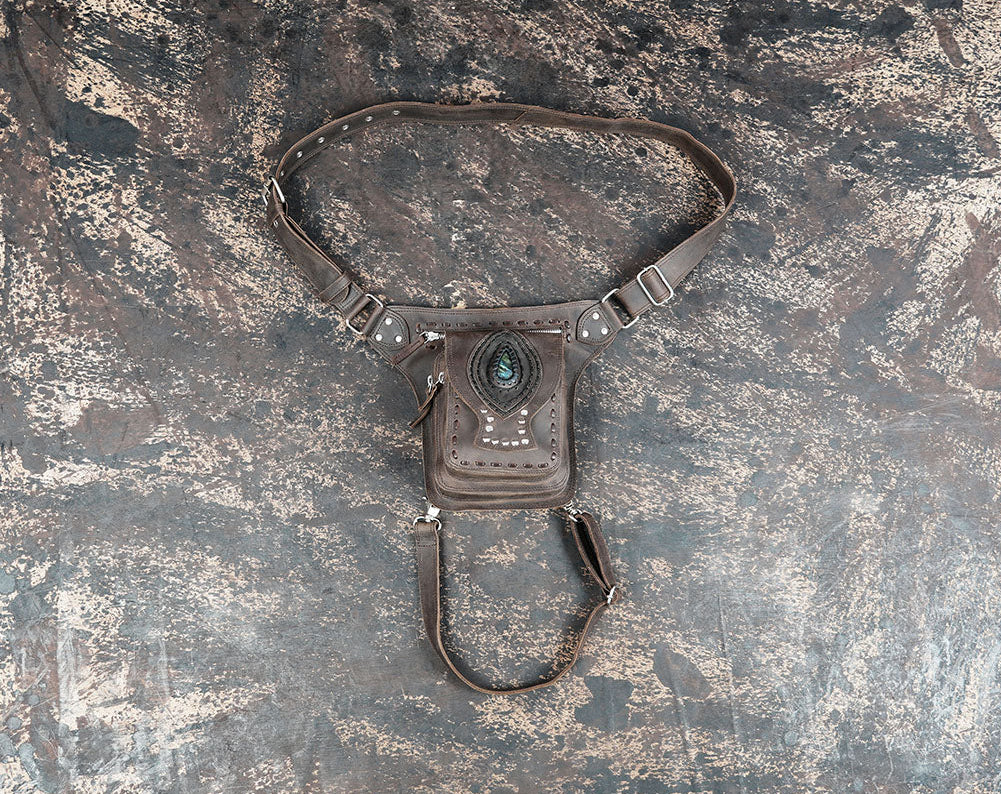 Handcrafted brown leather waist thigh belt with front utility pouch