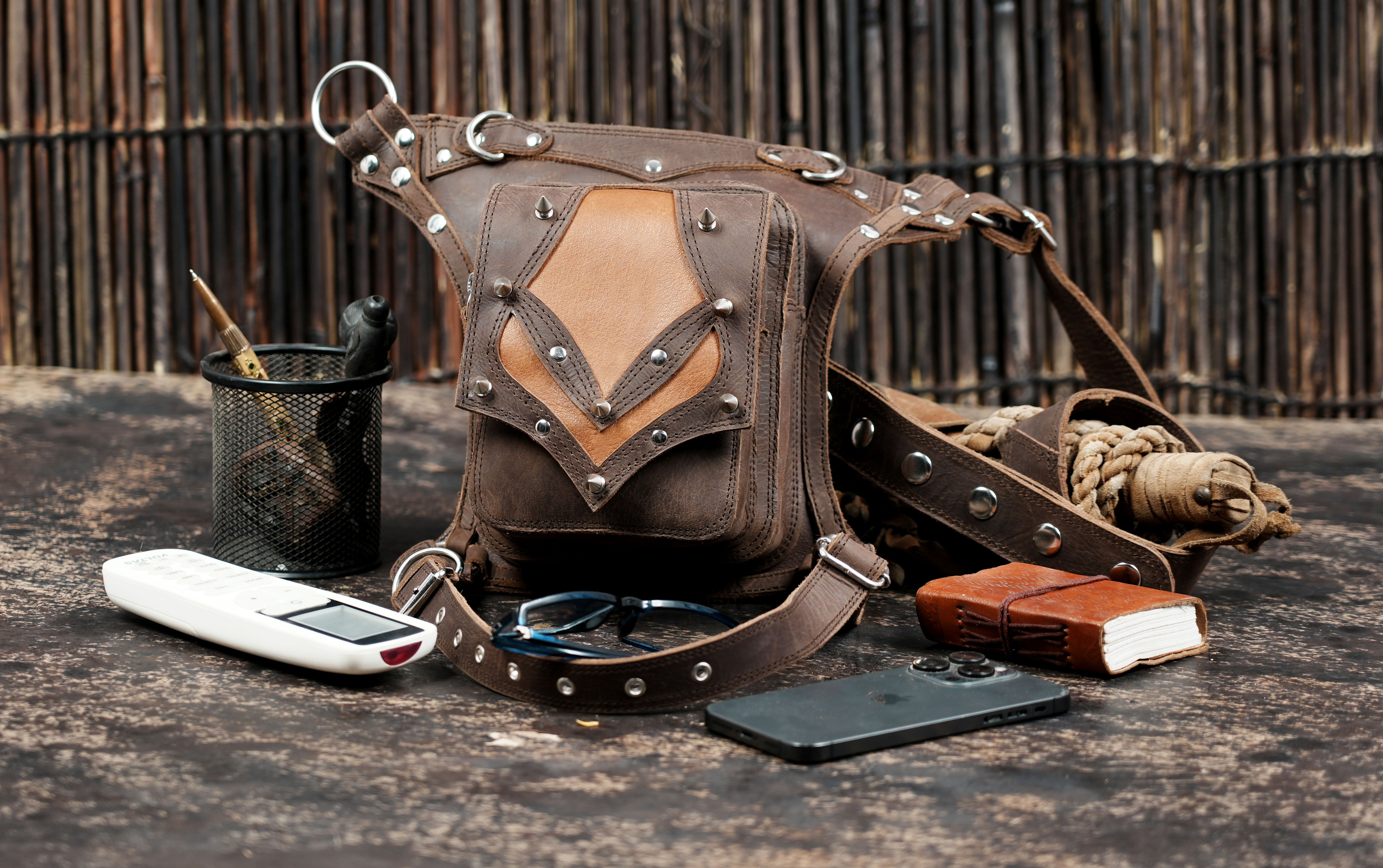 Handmade leather waist thigh belt with decorative rivets