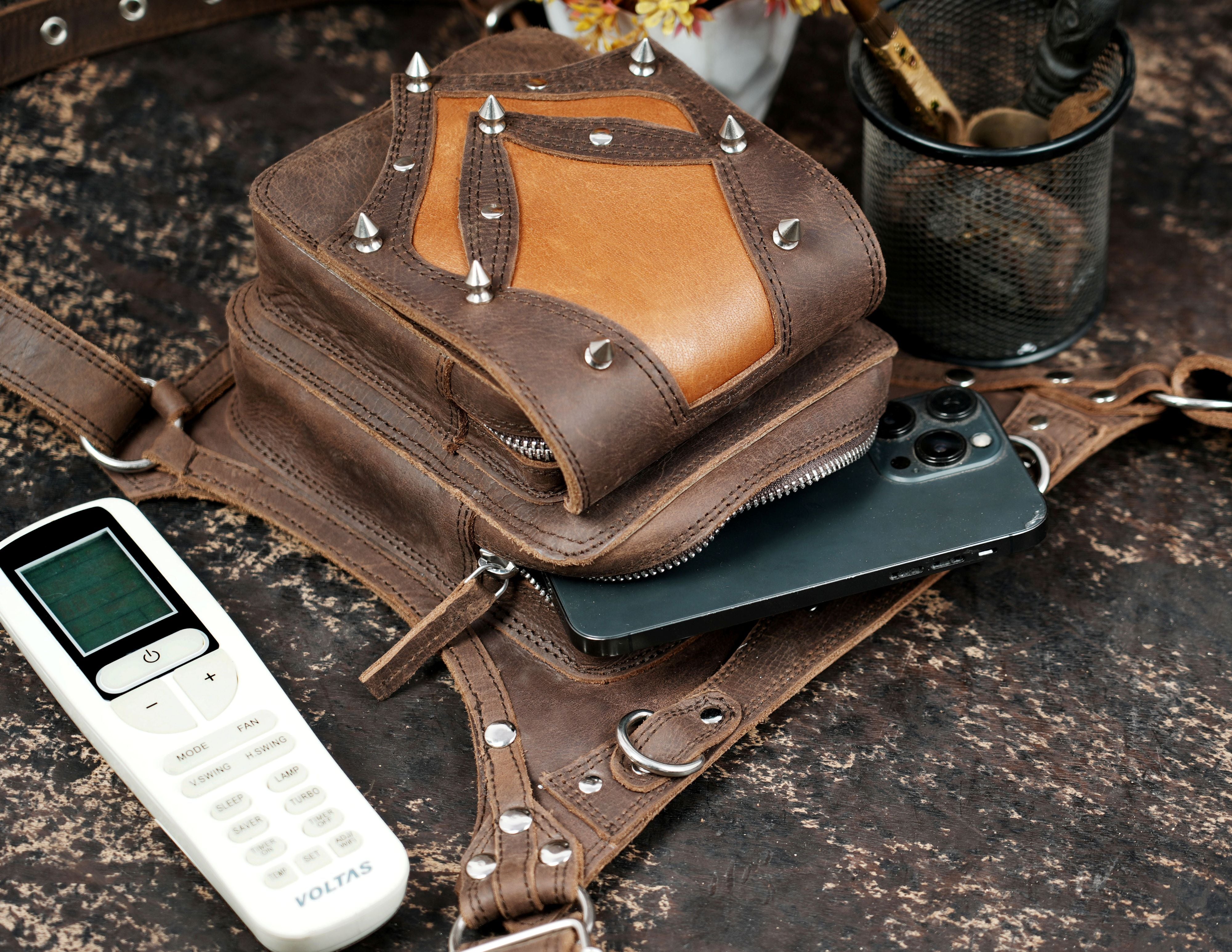 Handcrafted Brown Leather Waist Thigh Belt with Utility Pouch || Steampunk Leather Thigh Holster Belt with Utility Pouch (LT/NS/WBTS/6012)