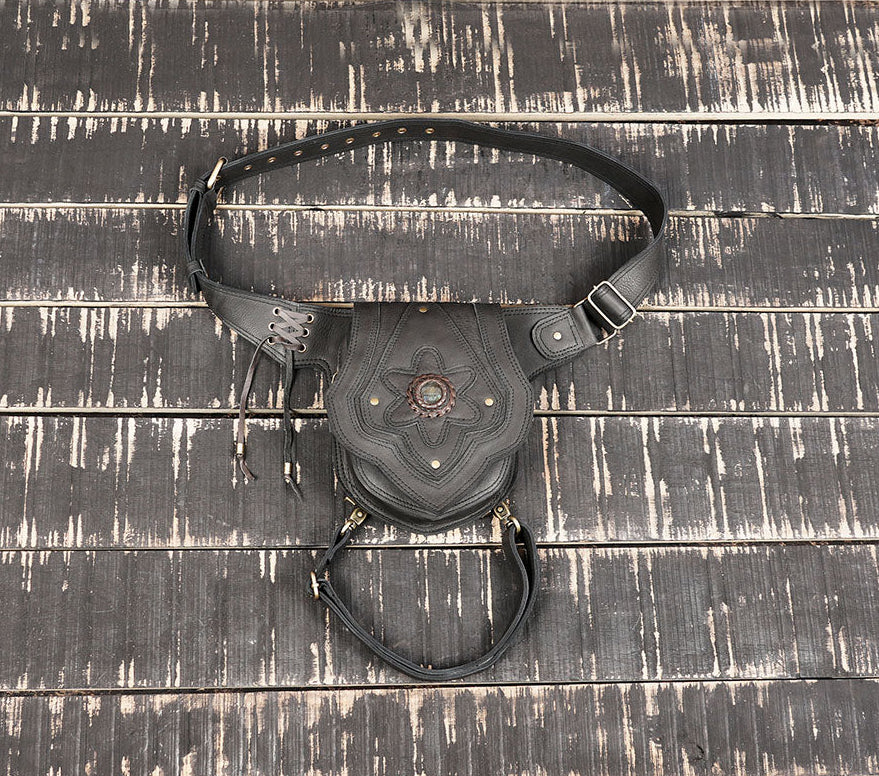 Handmade black leather waist thigh belt with utility pouch