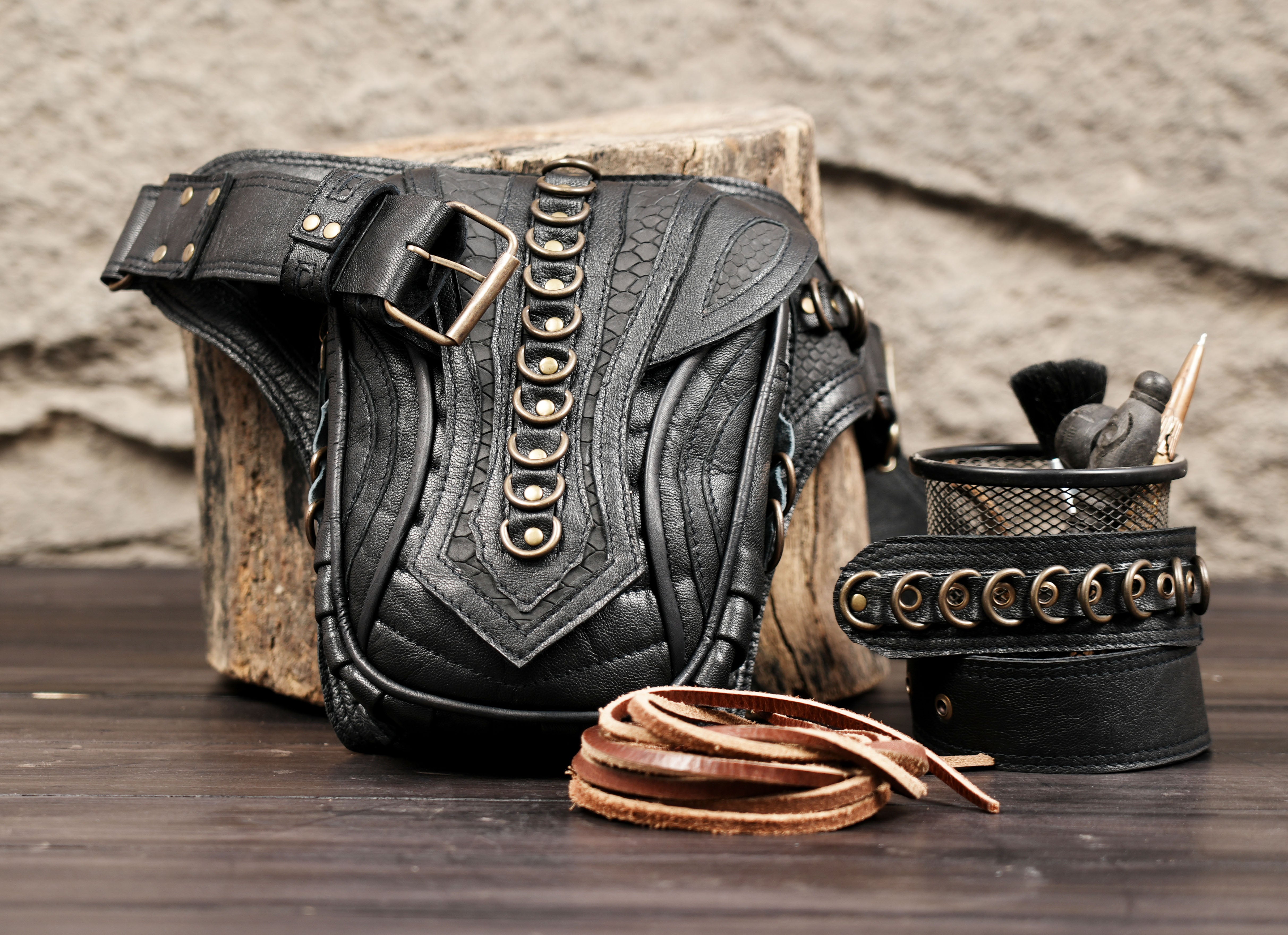 Steampunk gothic leather waist belt with central studded panel