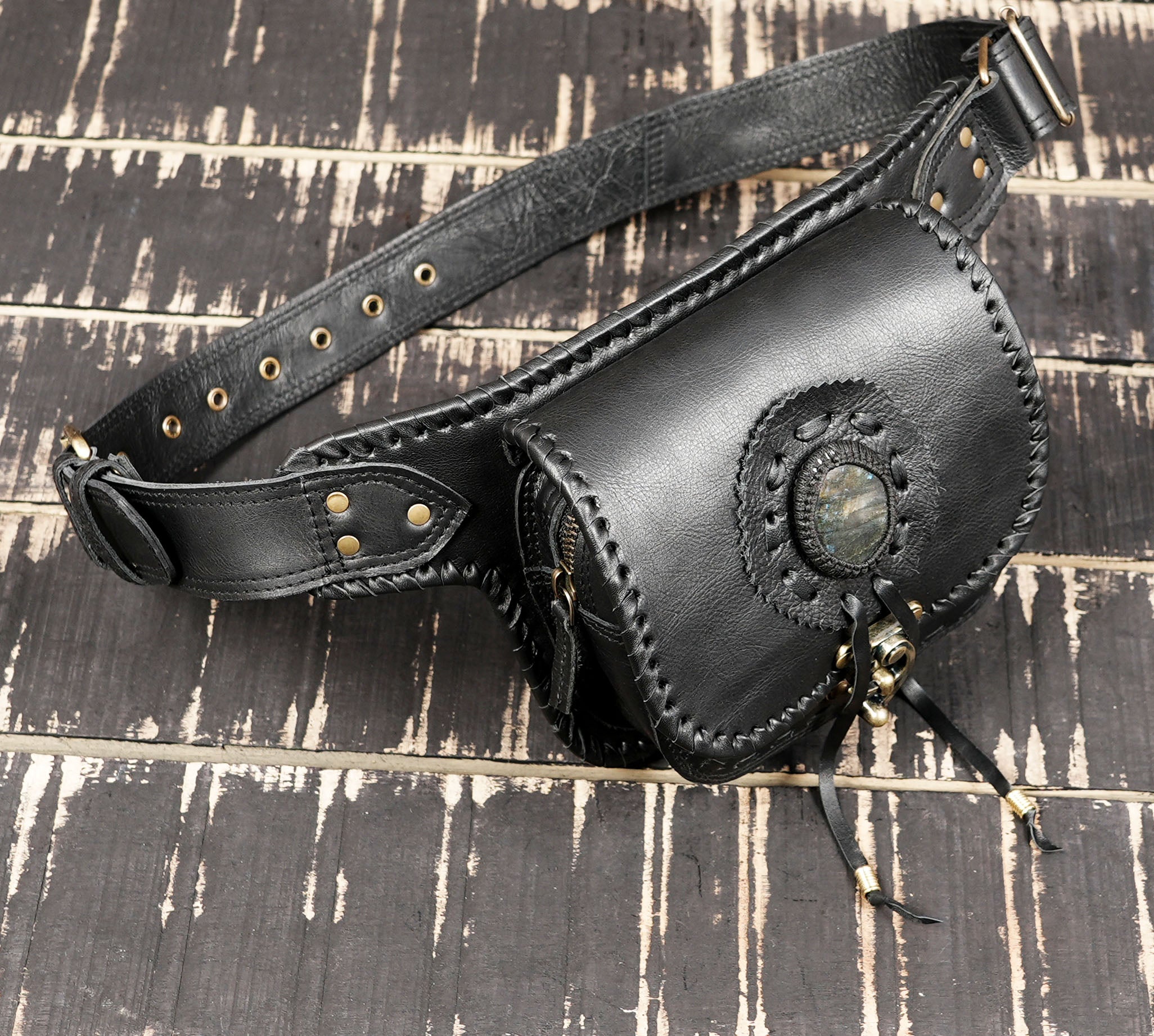 Handmade leather utility belt with front storage and metal buckle