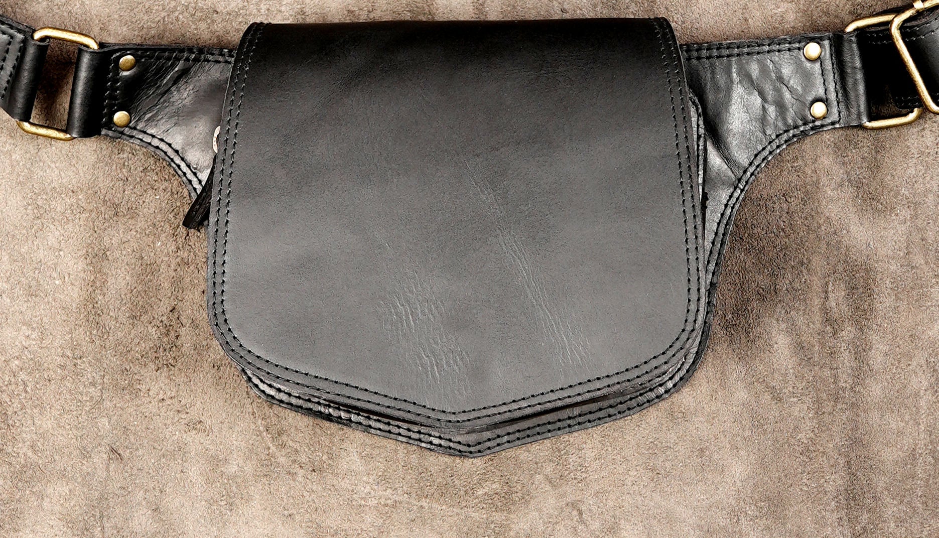 Black Leather Hip Bag with Antique Brass Hardware - Adjustable Utility Belt Pouch