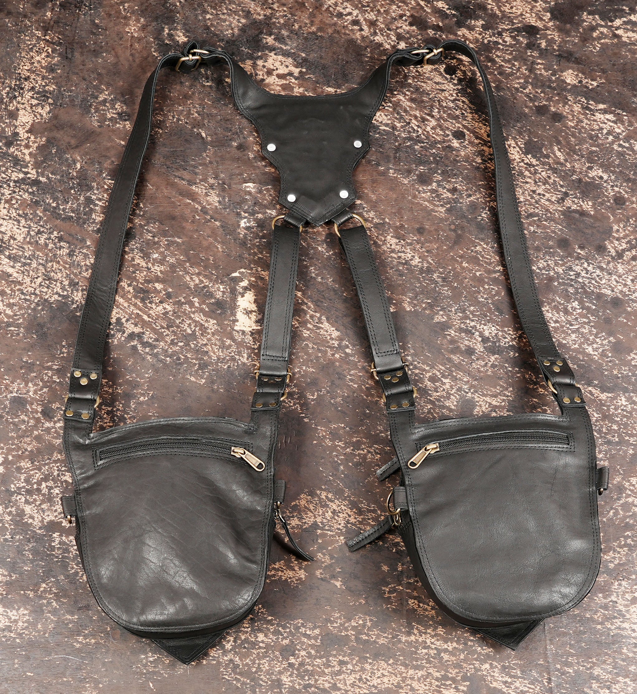 Handmade Leather Shoulder Holster with Dual Pouches | Steampunk Gothic Style | Premium Black Leather Holster | Dual Pocket Hands Free Utility Bag (LT/AB/HLS/6014)