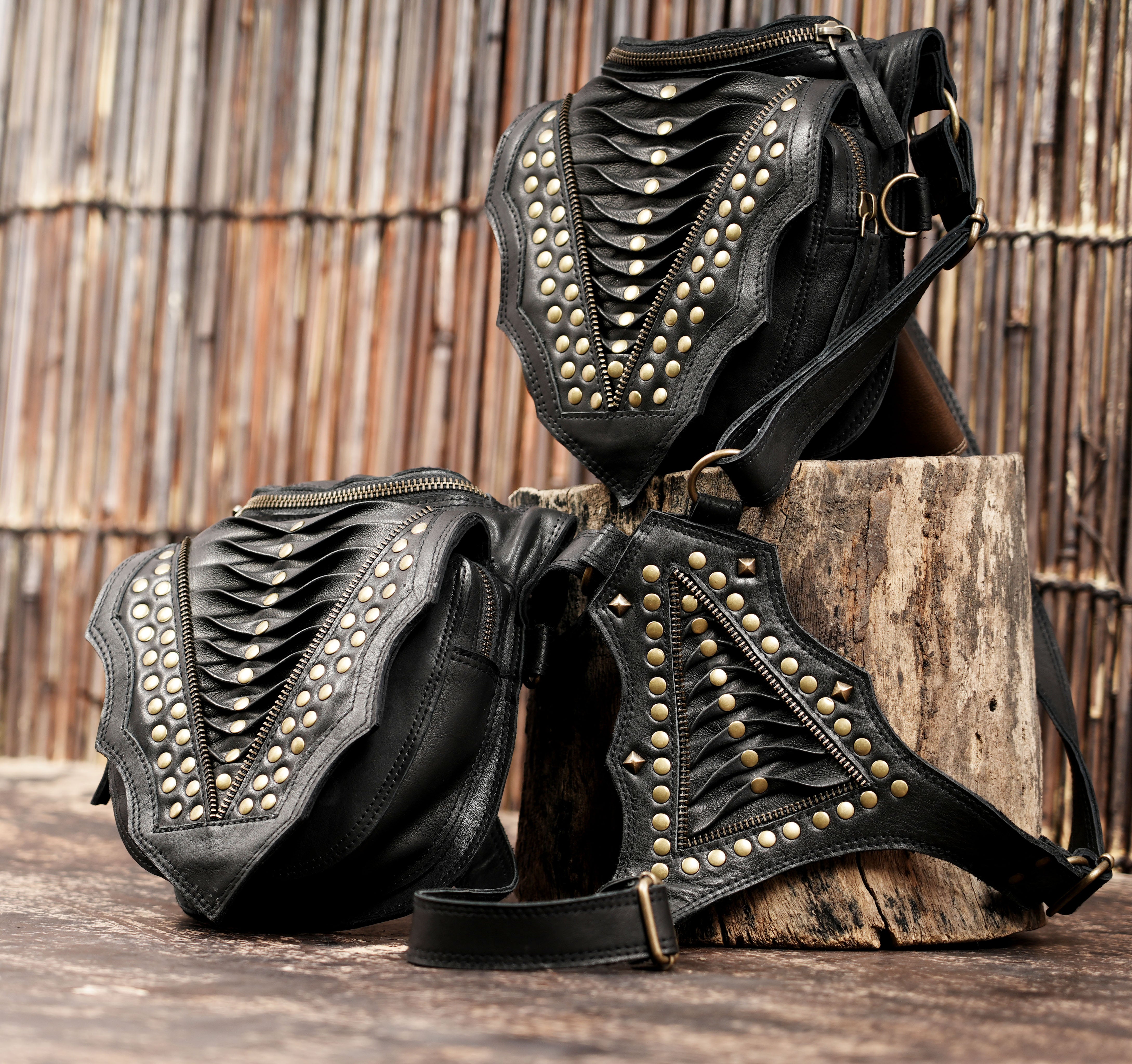 Crossbody leather holster pouch with vintage brass fittings and zippers