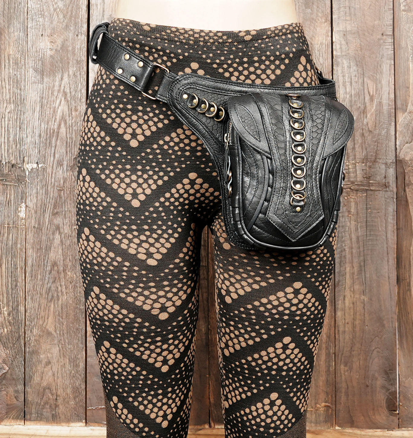 Black leather utility belt with front storage and vintage finish