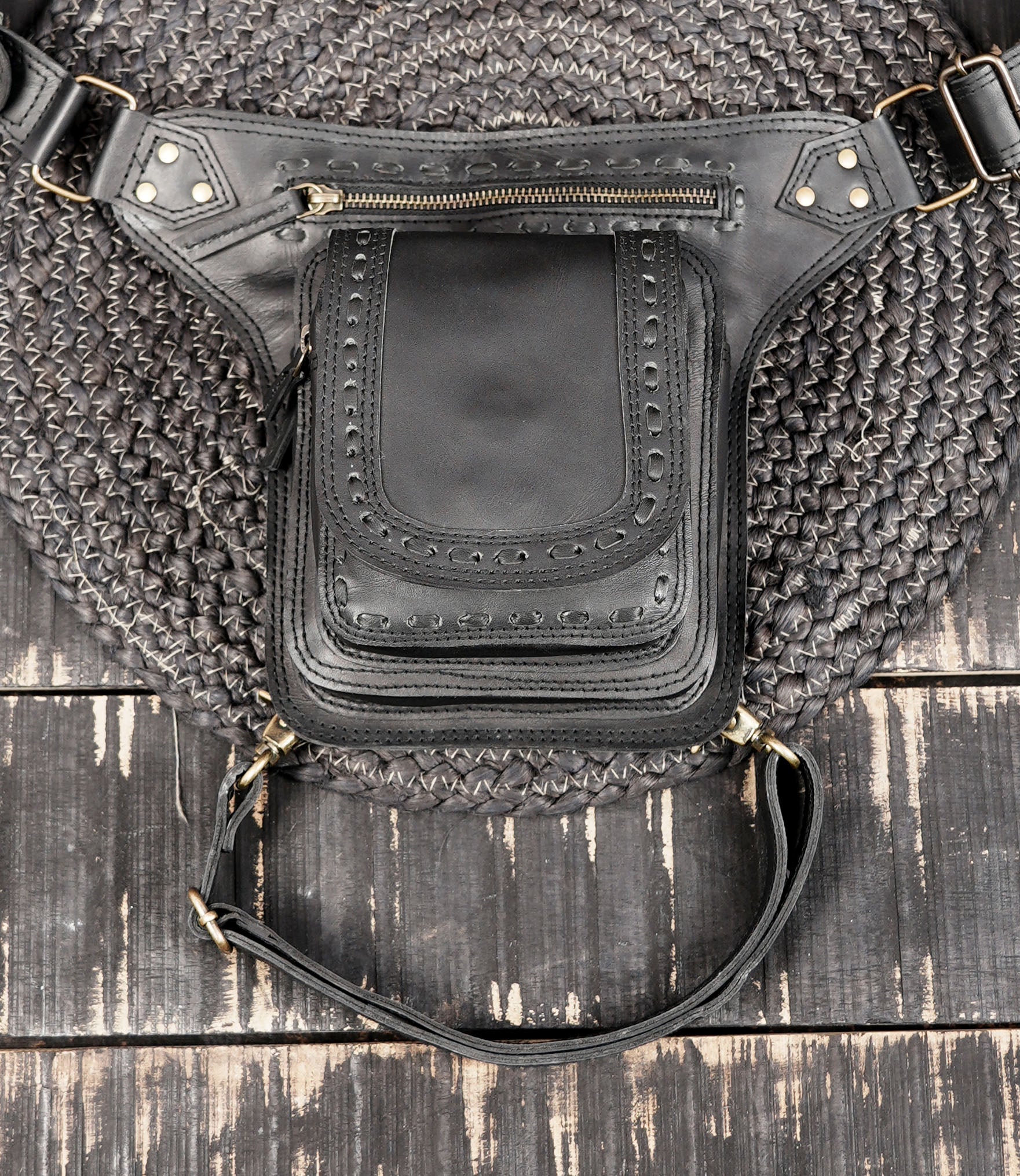 Handmade leather thigh belt pouch with secure zipper and snap detailing