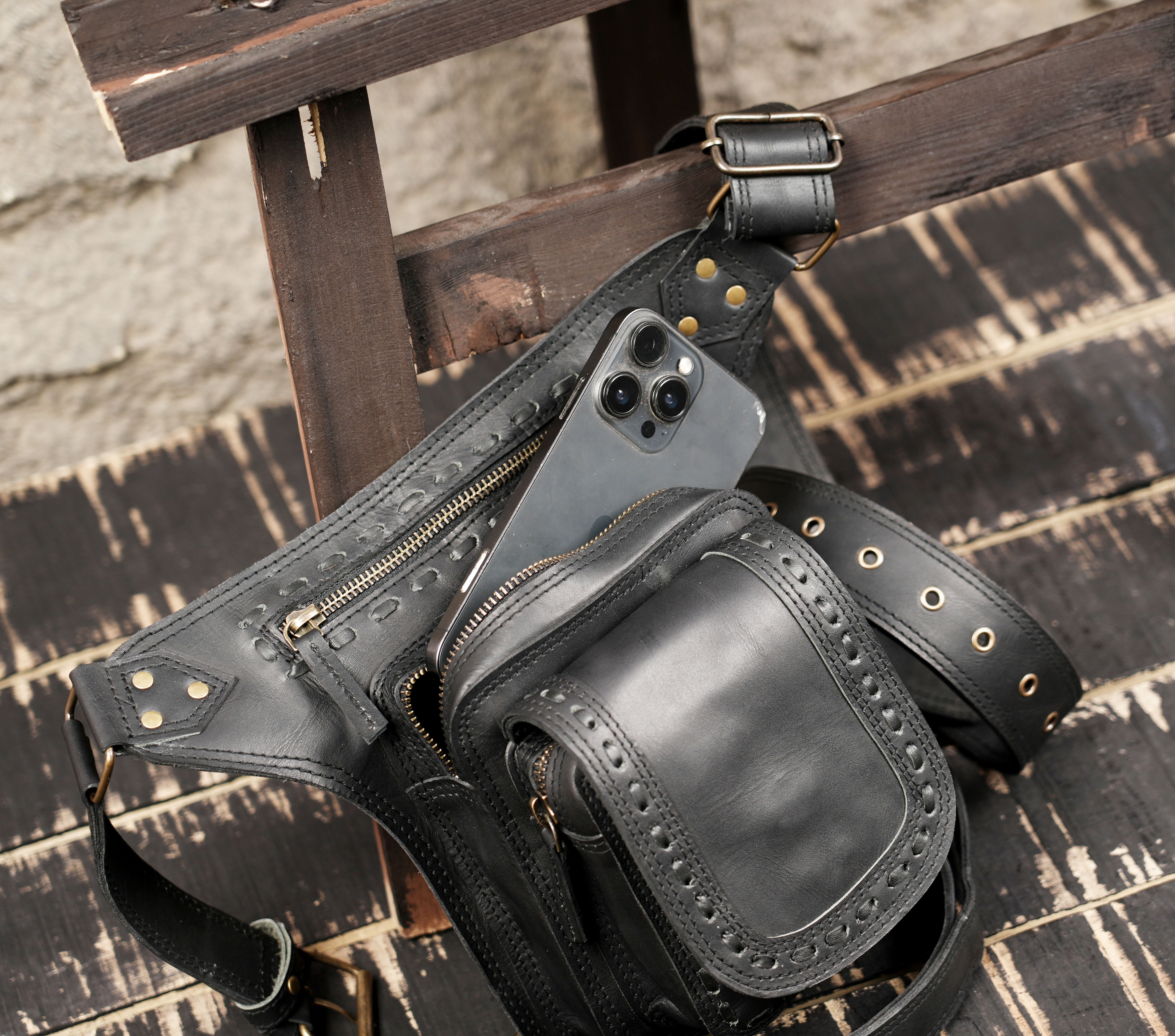 Black leather utility thigh belt for hands-free everyday use