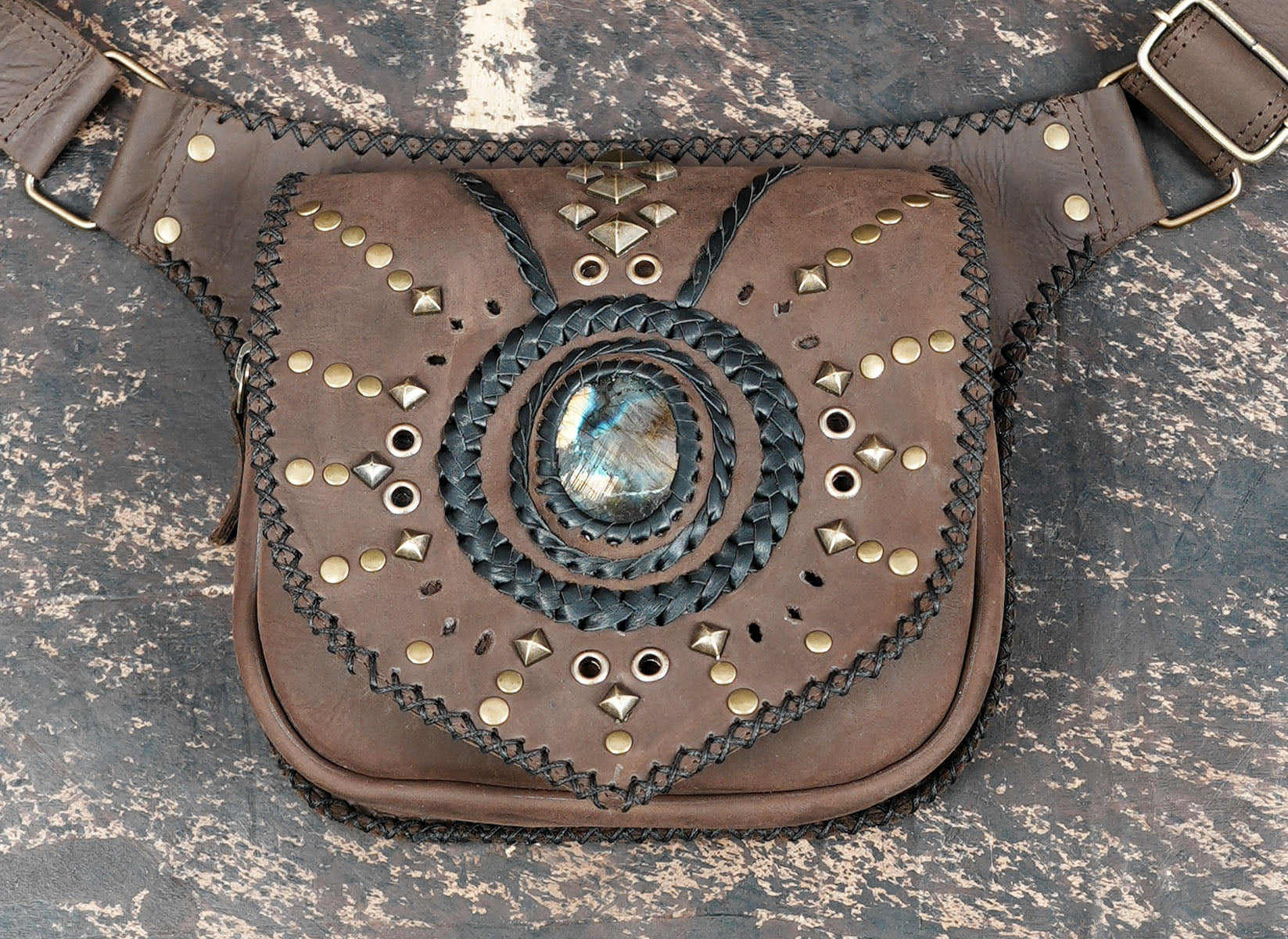 Genuine leather waist belt bag with adjustable strap and buckle