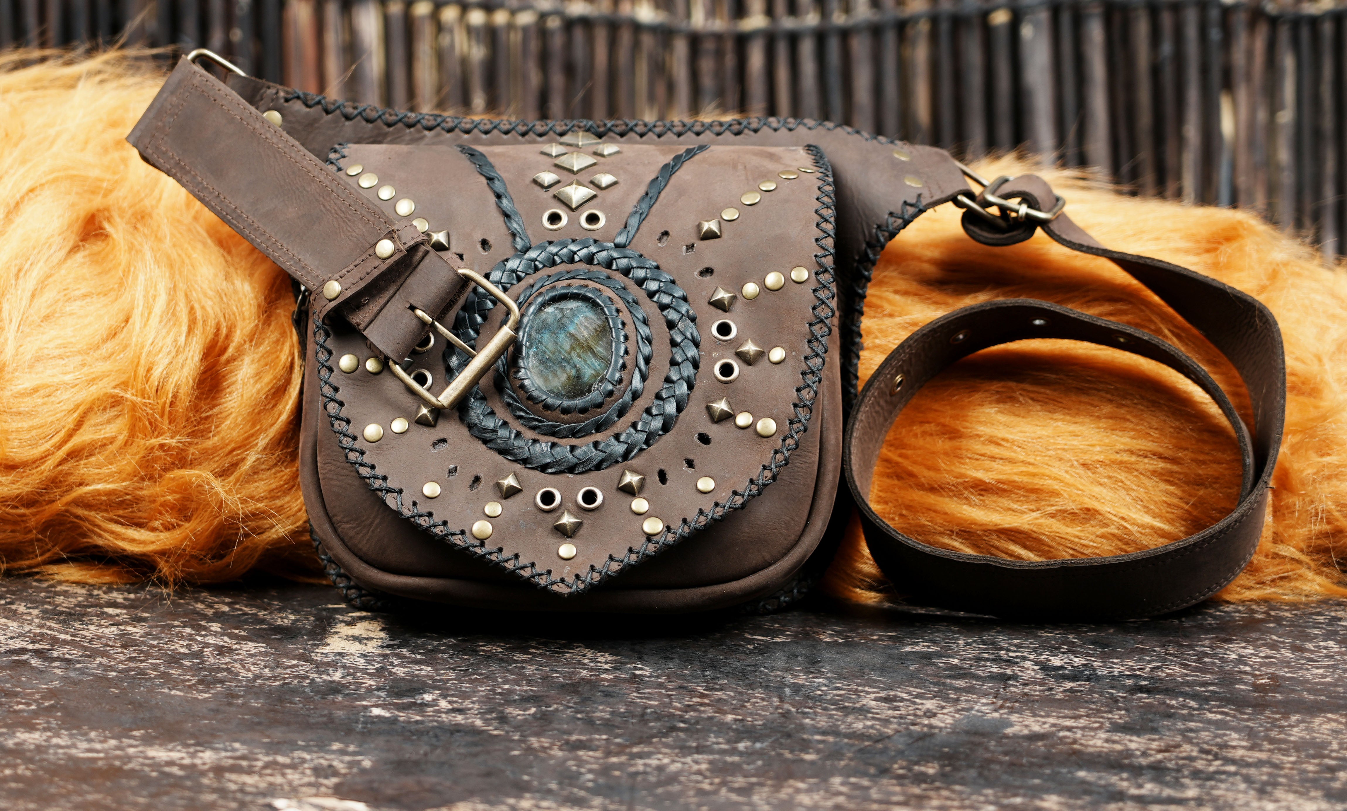 Festival leather waist belt with handcrafted stone accent