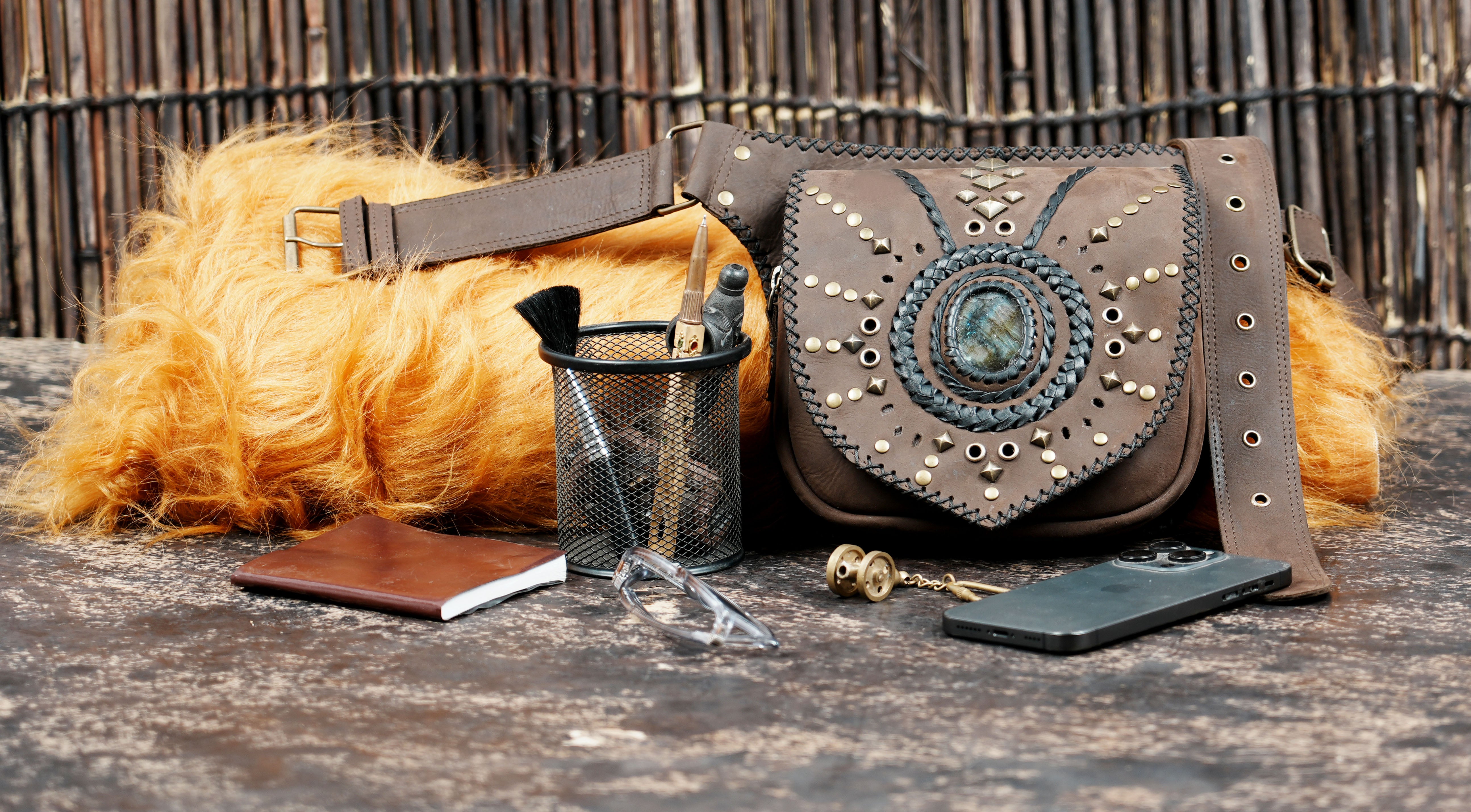 Handmade Leather Waist Belt with Front Utility Pouch || Decorative Leather Waist Belt with Stone Centerpiece (LT/AB/WB/6073)