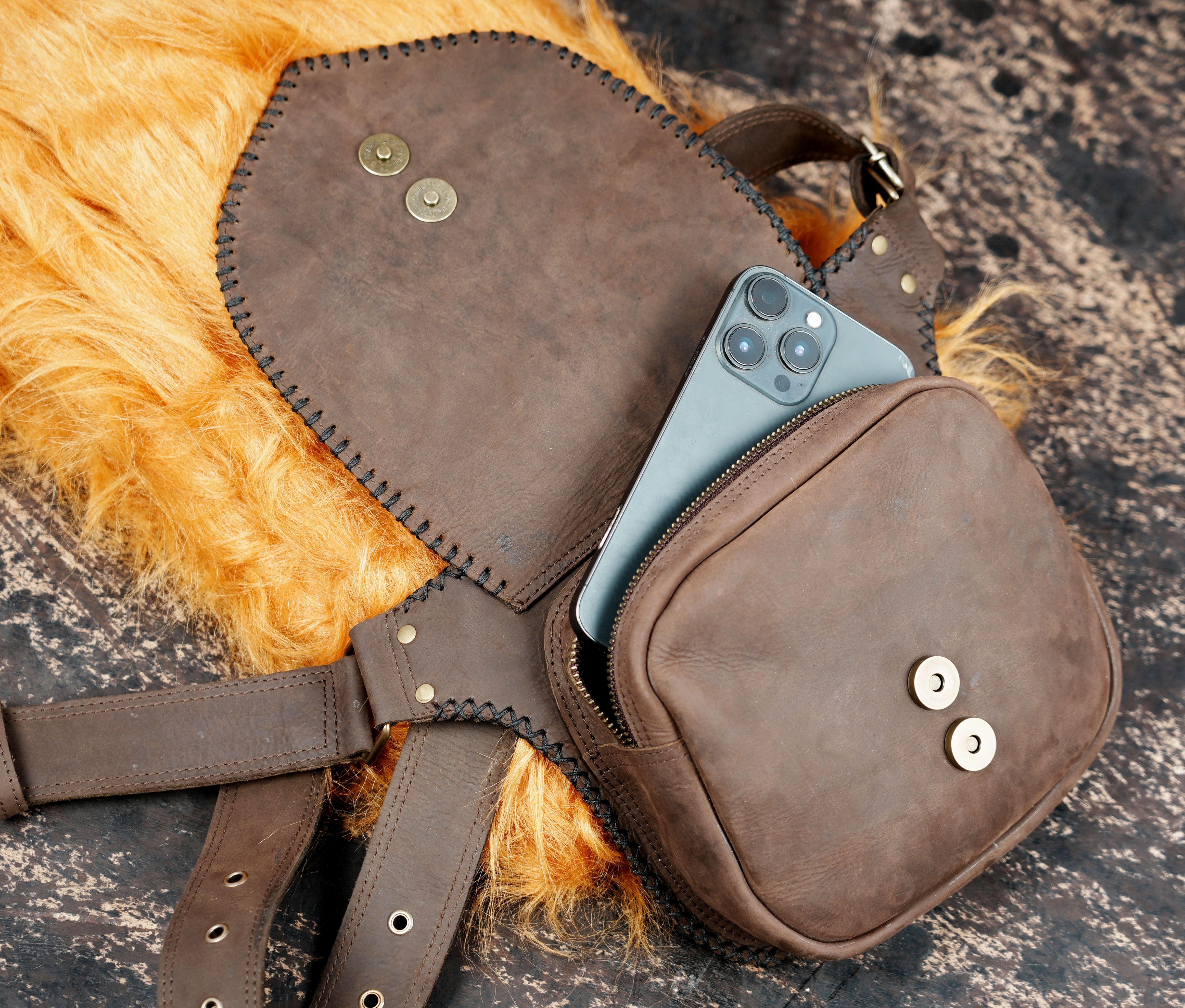 Leather utility waist belt bag with zipper and snap closure