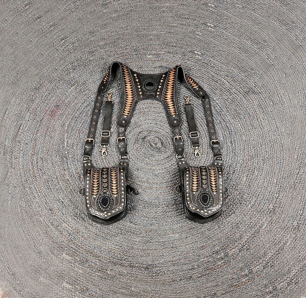 Handmade Black Leather Shoulder Holster with Dual Utility Pouches || Steampunk Black Leather Shoulder Holster with Dual Pockets (LT/AB/HLS/6053)