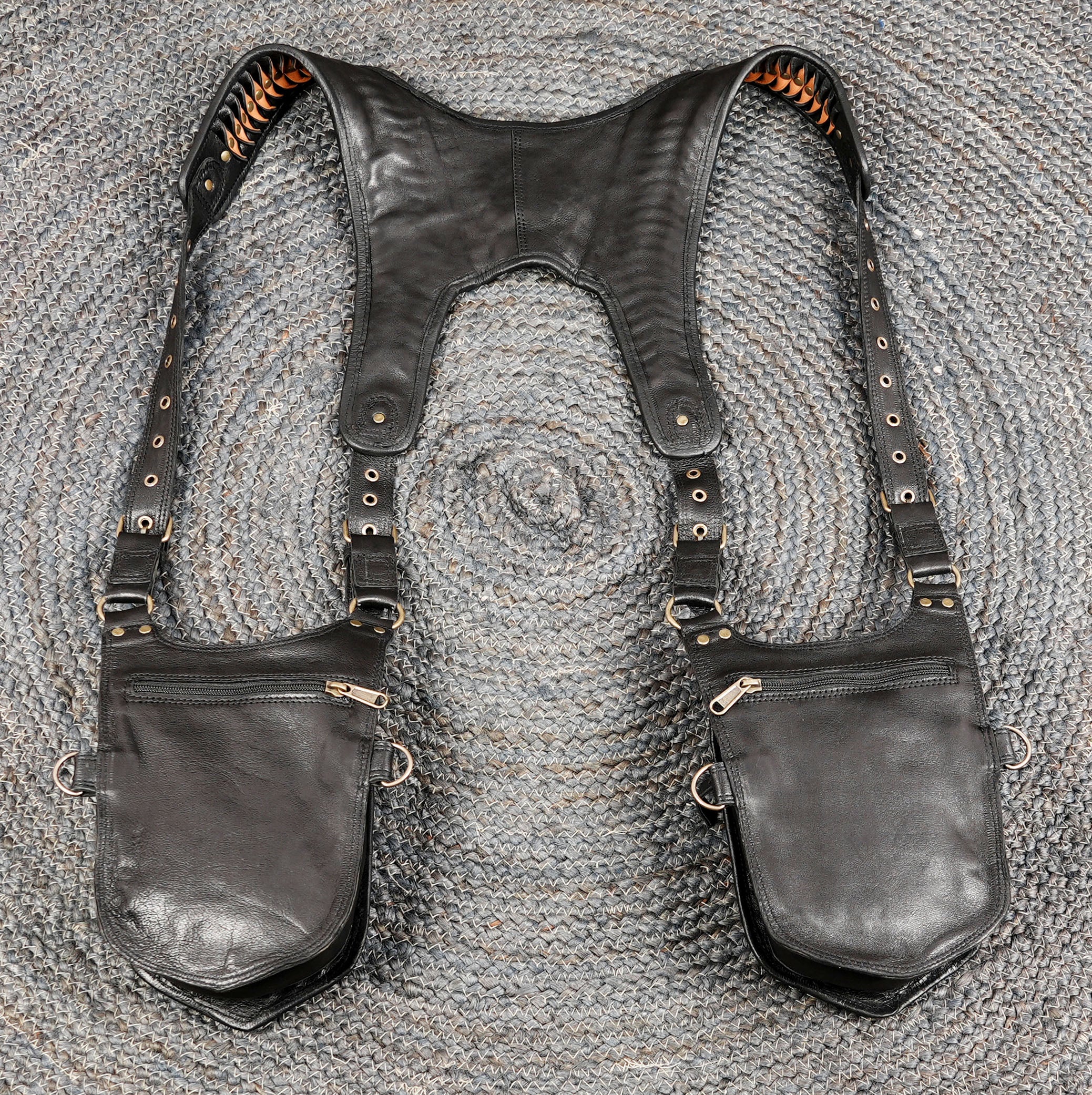 Handmade Black Leather Shoulder Holster with Dual Utility Pouches || Steampunk Black Leather Shoulder Holster with Dual Pockets (LT/AB/HLS/6053)