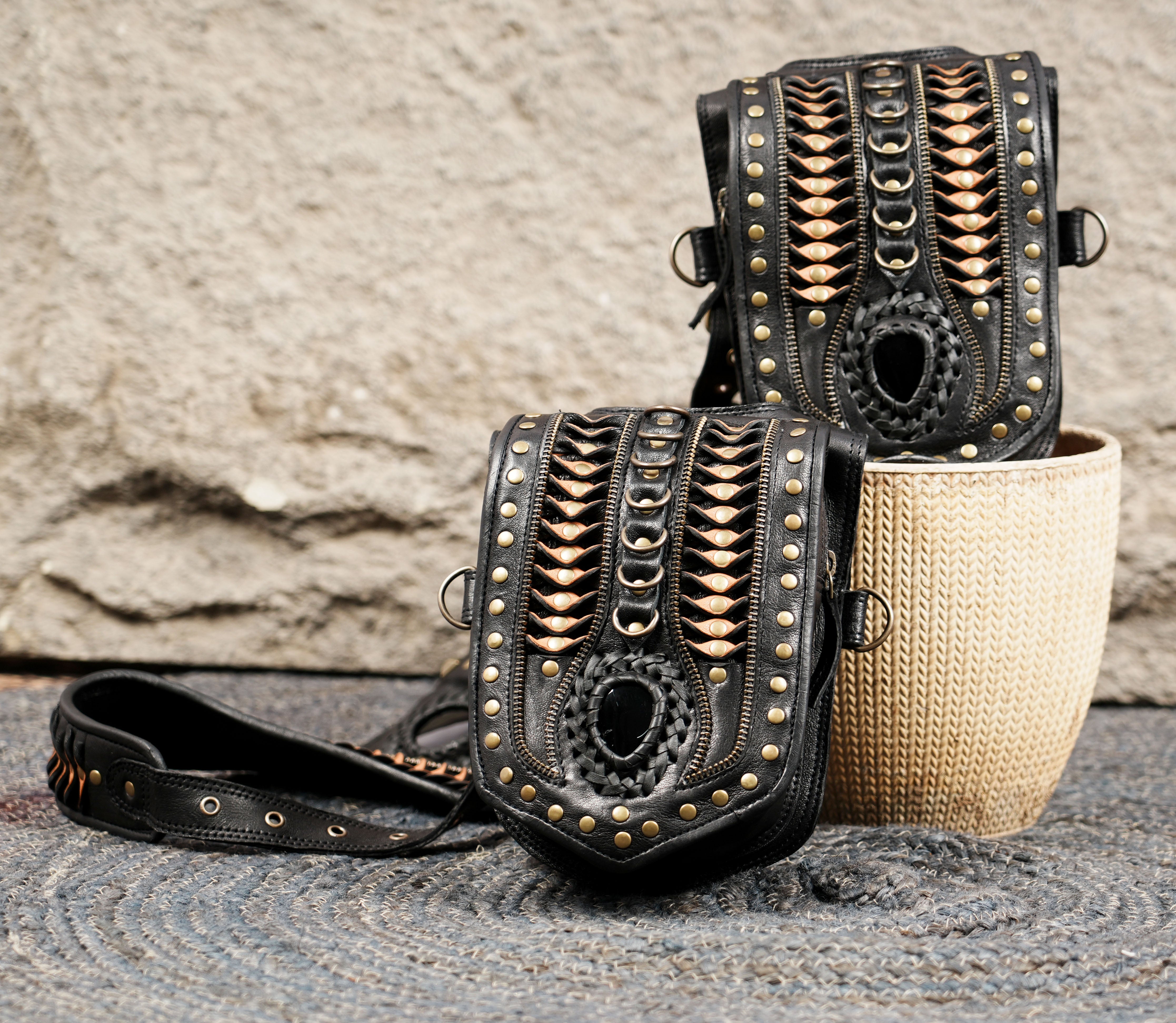 Handmade Black Leather Shoulder Holster with Dual Utility Pouches || Steampunk Black Leather Shoulder Holster with Dual Pockets (LT/AB/HLS/6053)