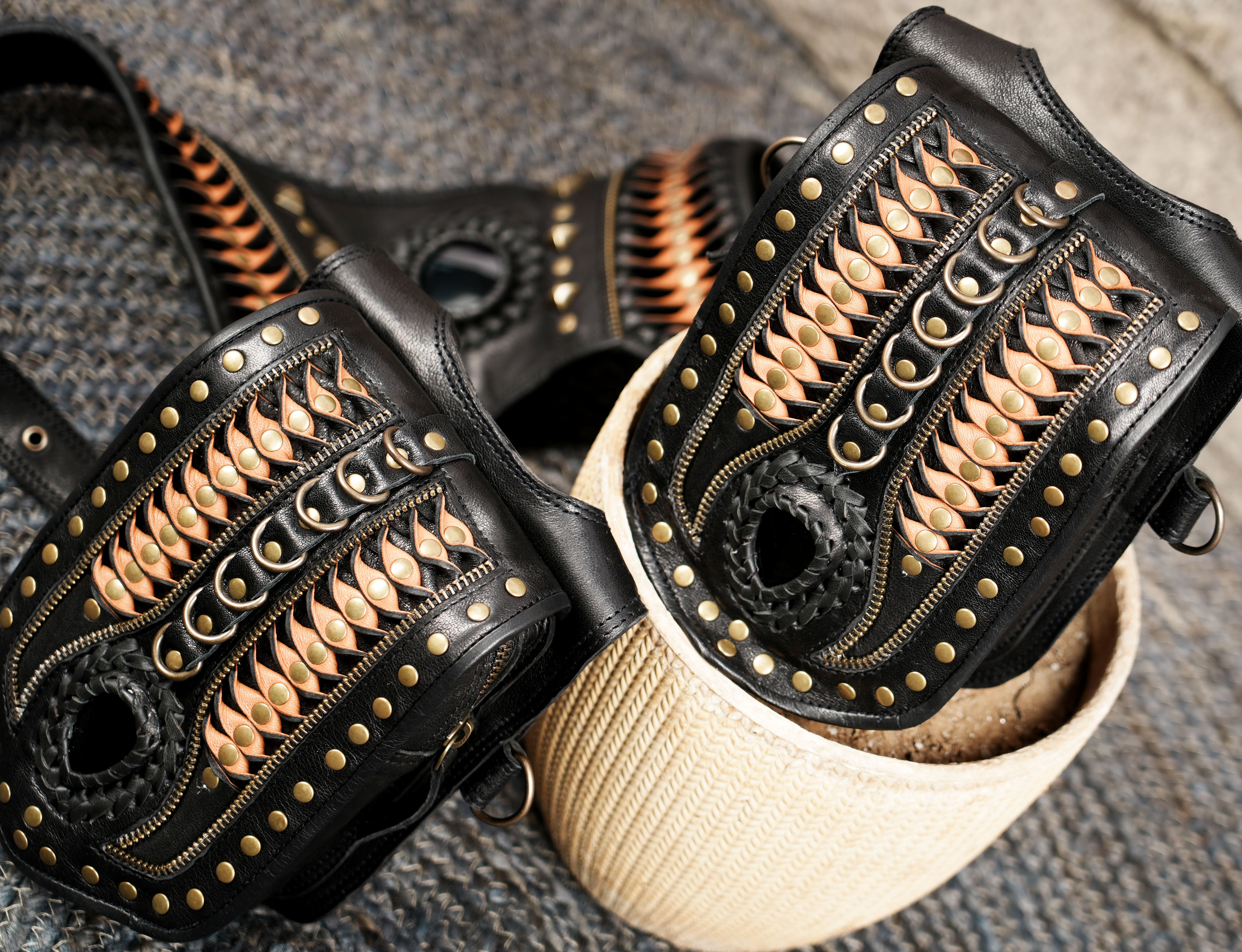 Handmade Black Leather Shoulder Holster with Dual Utility Pouches || Steampunk Black Leather Shoulder Holster with Dual Pockets (LT/AB/HLS/6053)