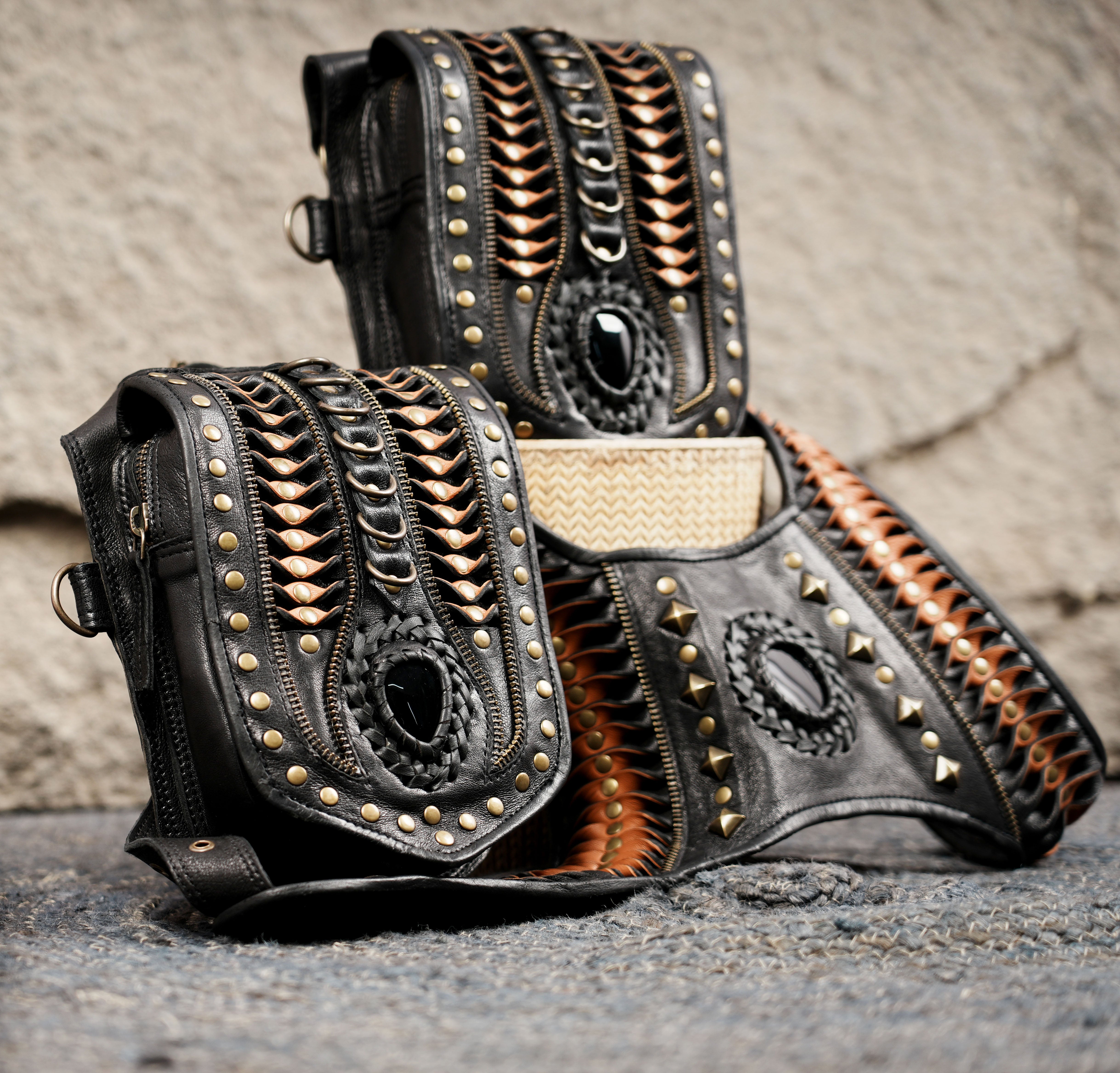 Handmade Black Leather Shoulder Holster with Dual Utility Pouches || Steampunk Black Leather Shoulder Holster with Dual Pockets (LT/AB/HLS/6053)