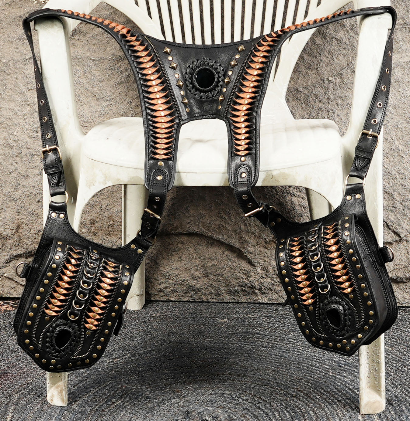 Handmade Black Leather Shoulder Holster with Dual Utility Pouches || Steampunk Black Leather Shoulder Holster with Dual Pockets (LT/AB/HLS/6053)