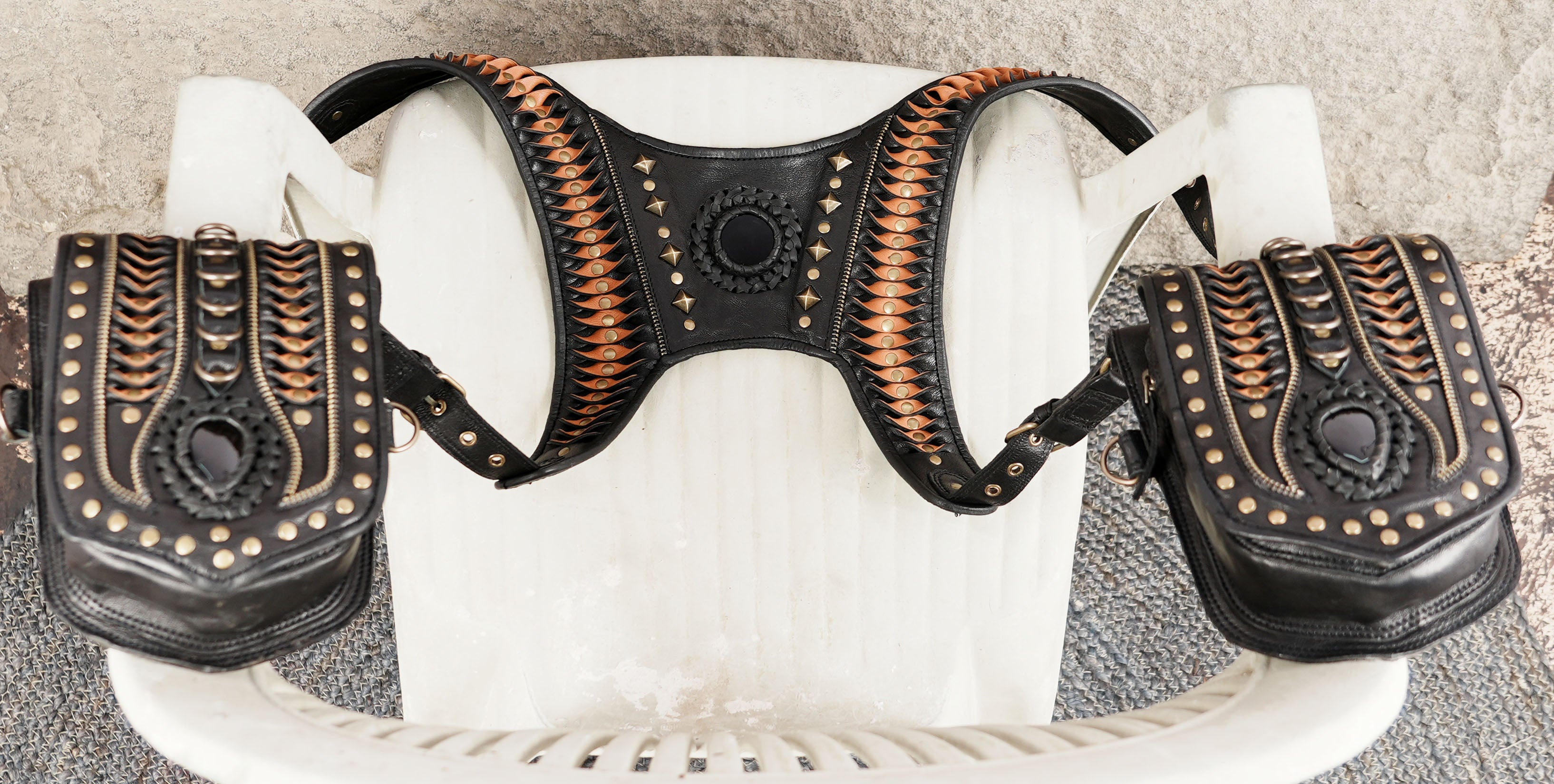 Handmade Black Leather Shoulder Holster with Dual Utility Pouches || Steampunk Black Leather Shoulder Holster with Dual Pockets (LT/AB/HLS/6053)