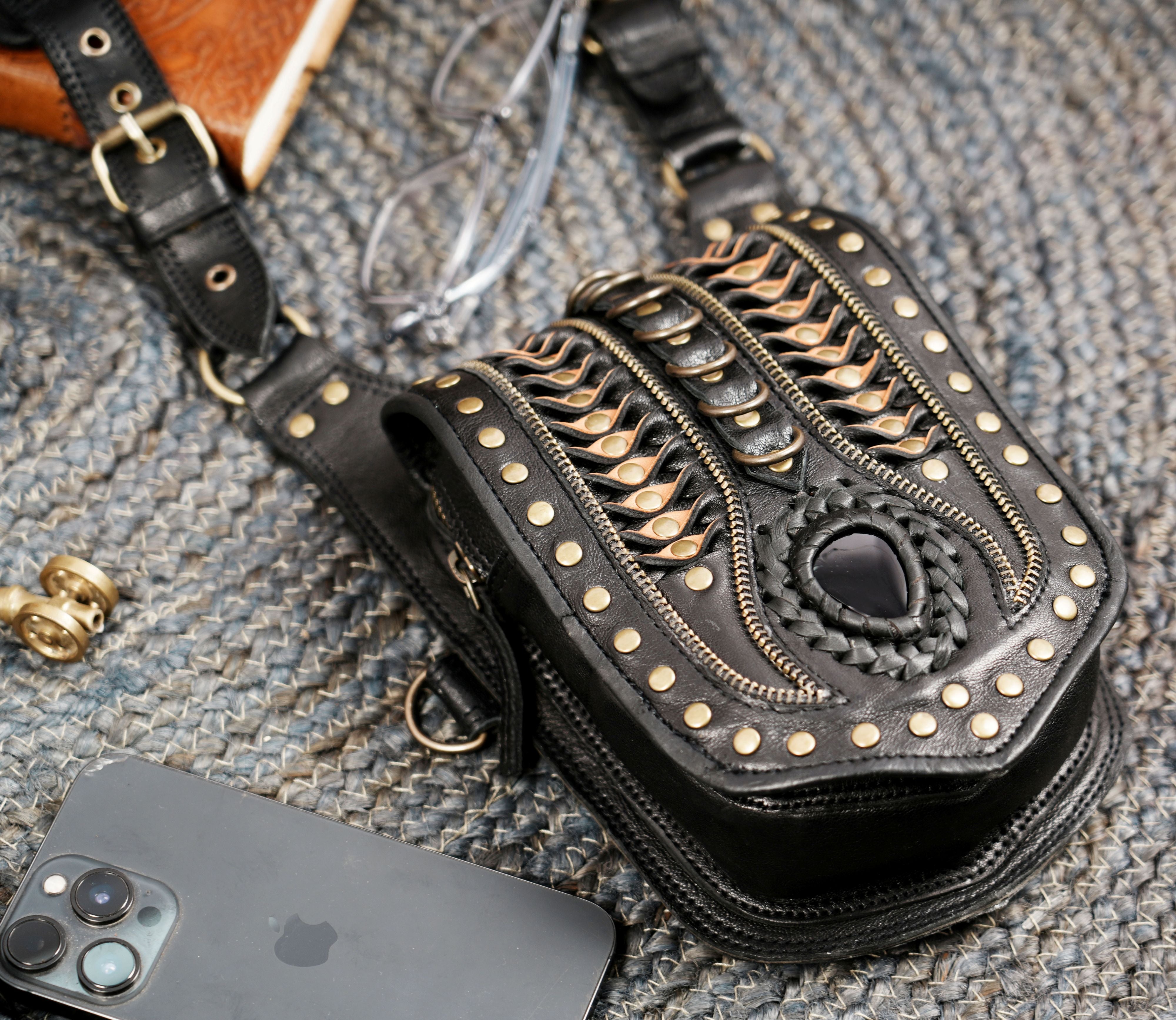 Handmade Black Leather Shoulder Holster with Dual Utility Pouches || Steampunk Black Leather Shoulder Holster with Dual Pockets (LT/AB/HLS/6053)