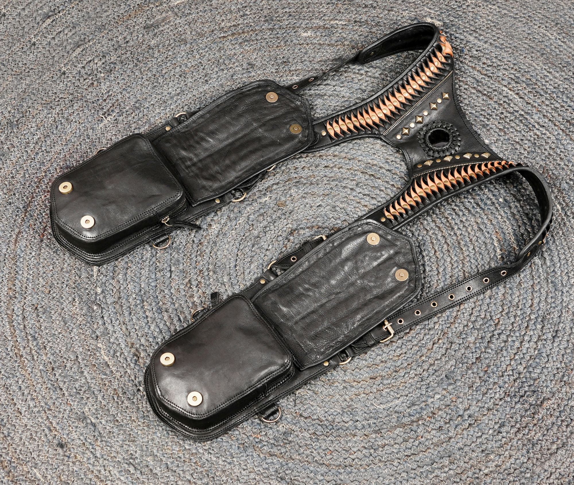 Handmade Black Leather Shoulder Holster with Dual Utility Pouches || Steampunk Black Leather Shoulder Holster with Dual Pockets (LT/AB/HLS/6053)