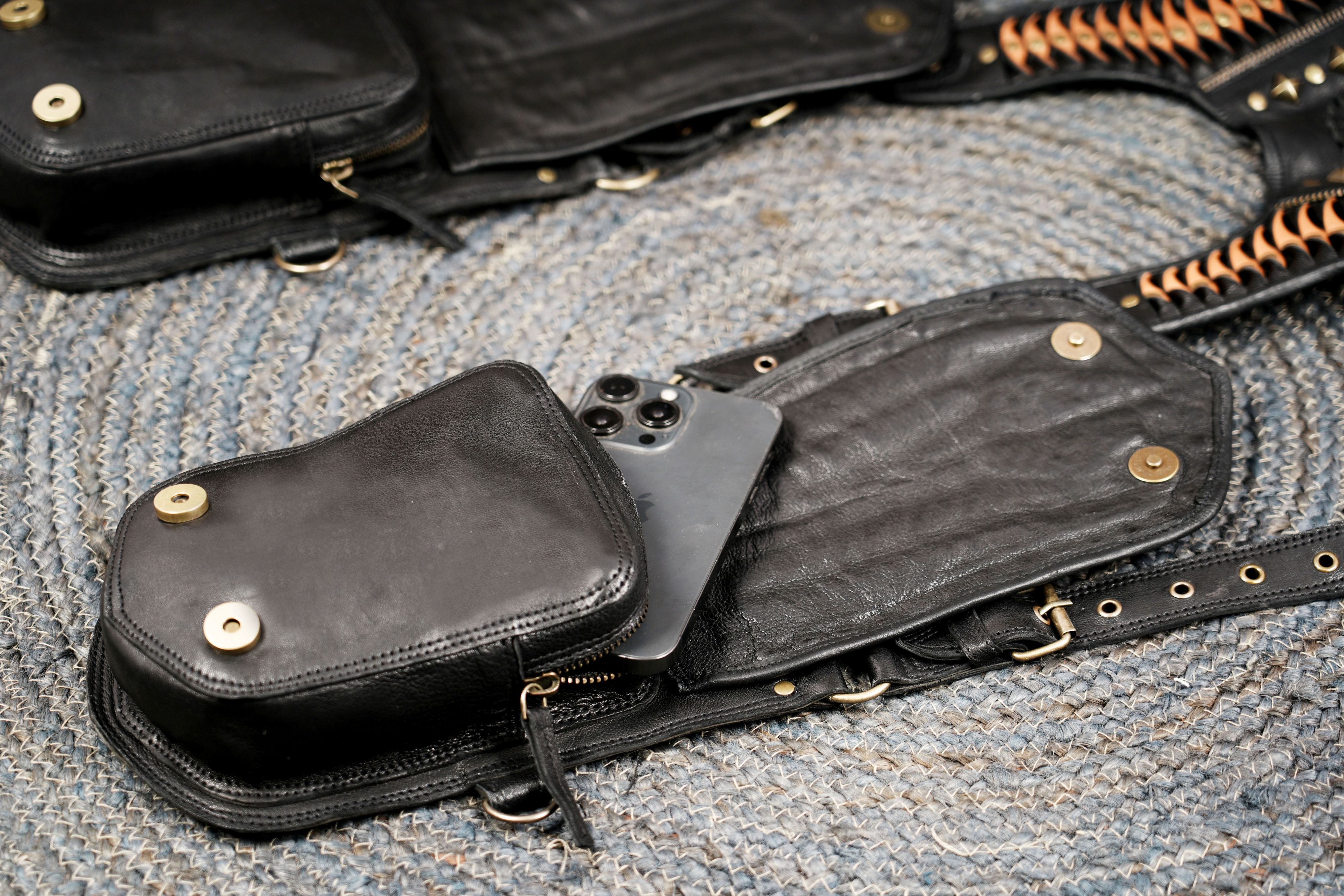 Handmade Black Leather Shoulder Holster with Dual Utility Pouches || Steampunk Black Leather Shoulder Holster with Dual Pockets (LT/AB/HLS/6053)