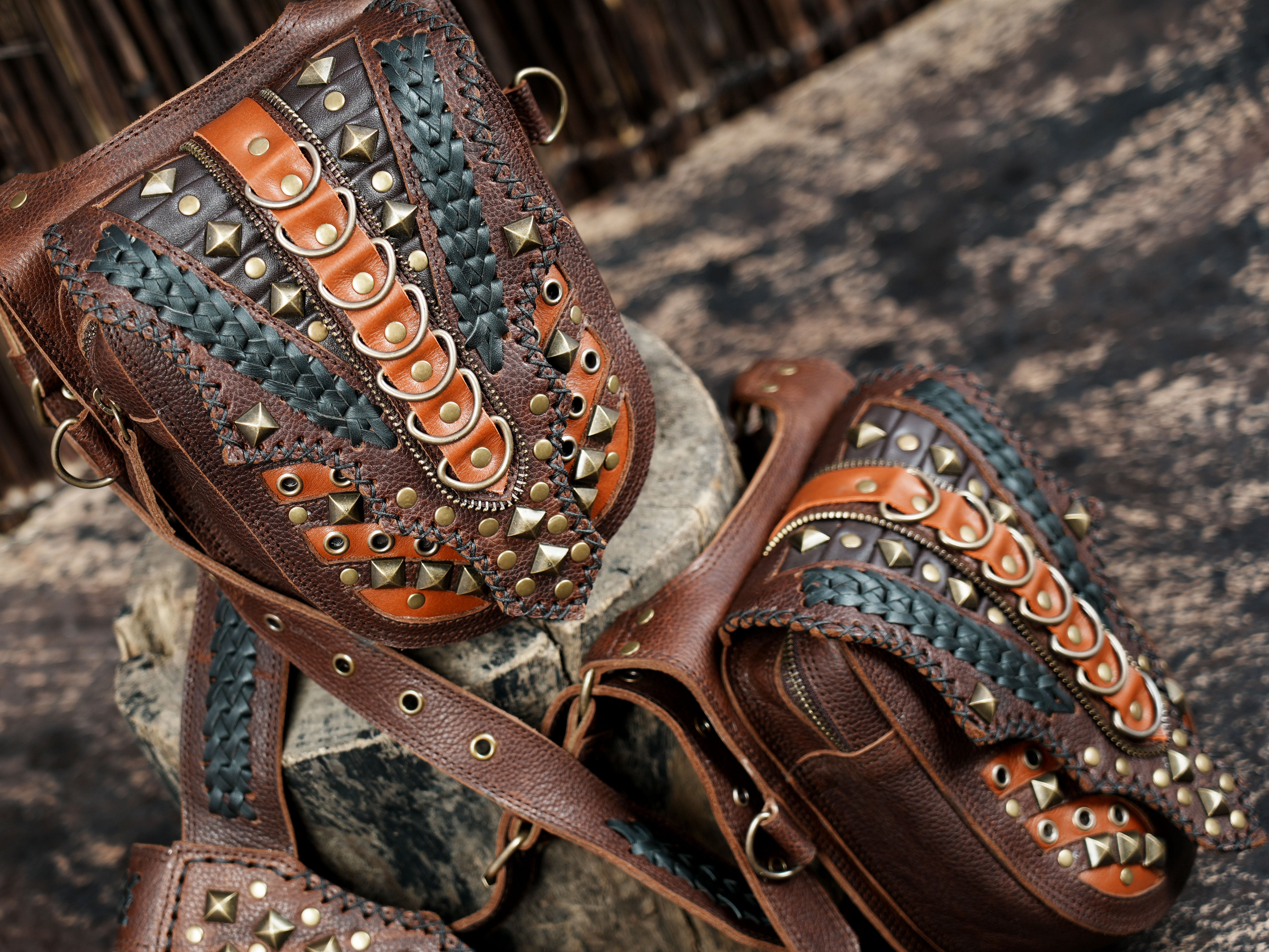 Dual pouch leather holster harness with gothic and tribal styling