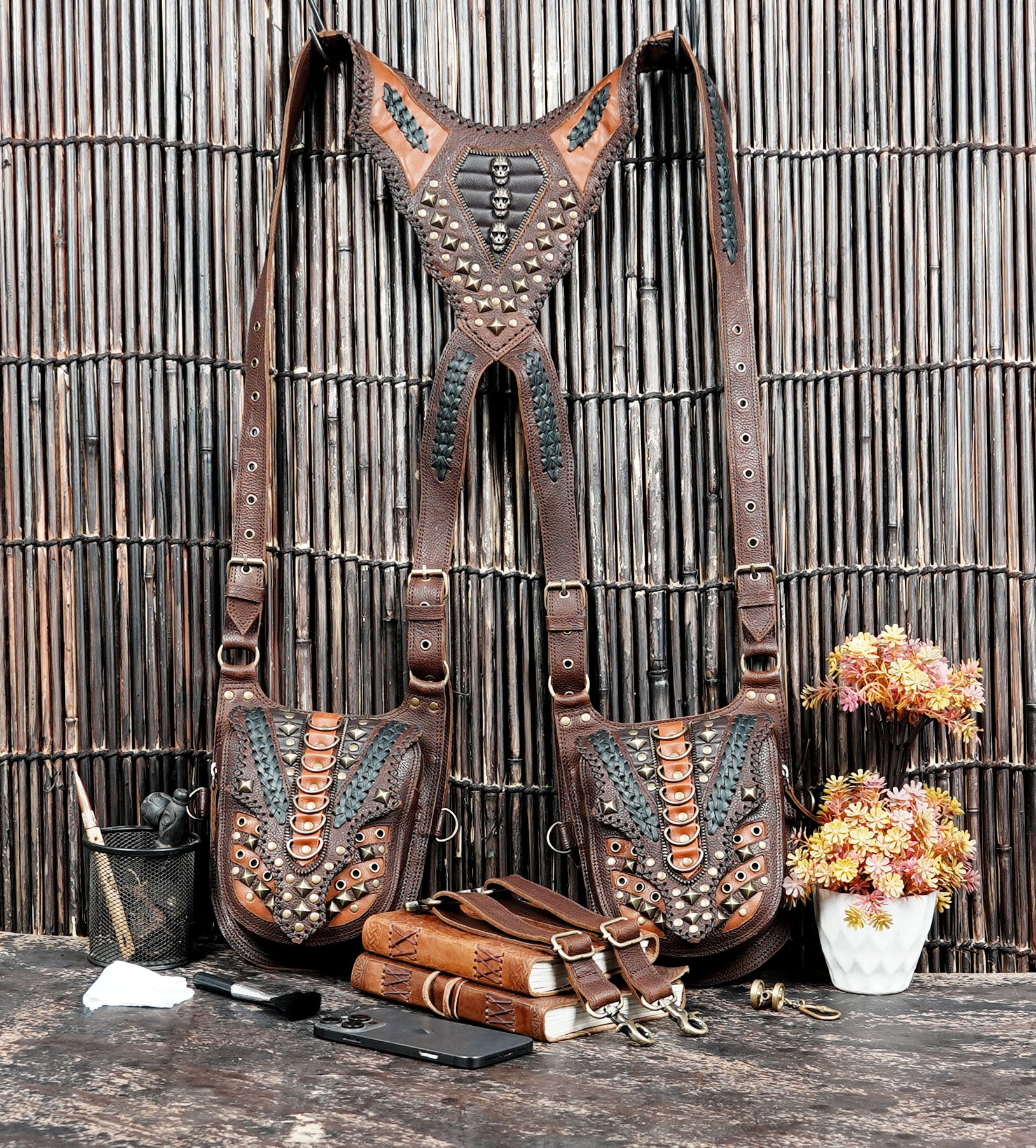 Brown leather harness holster for cosplay biker and streetwear looks