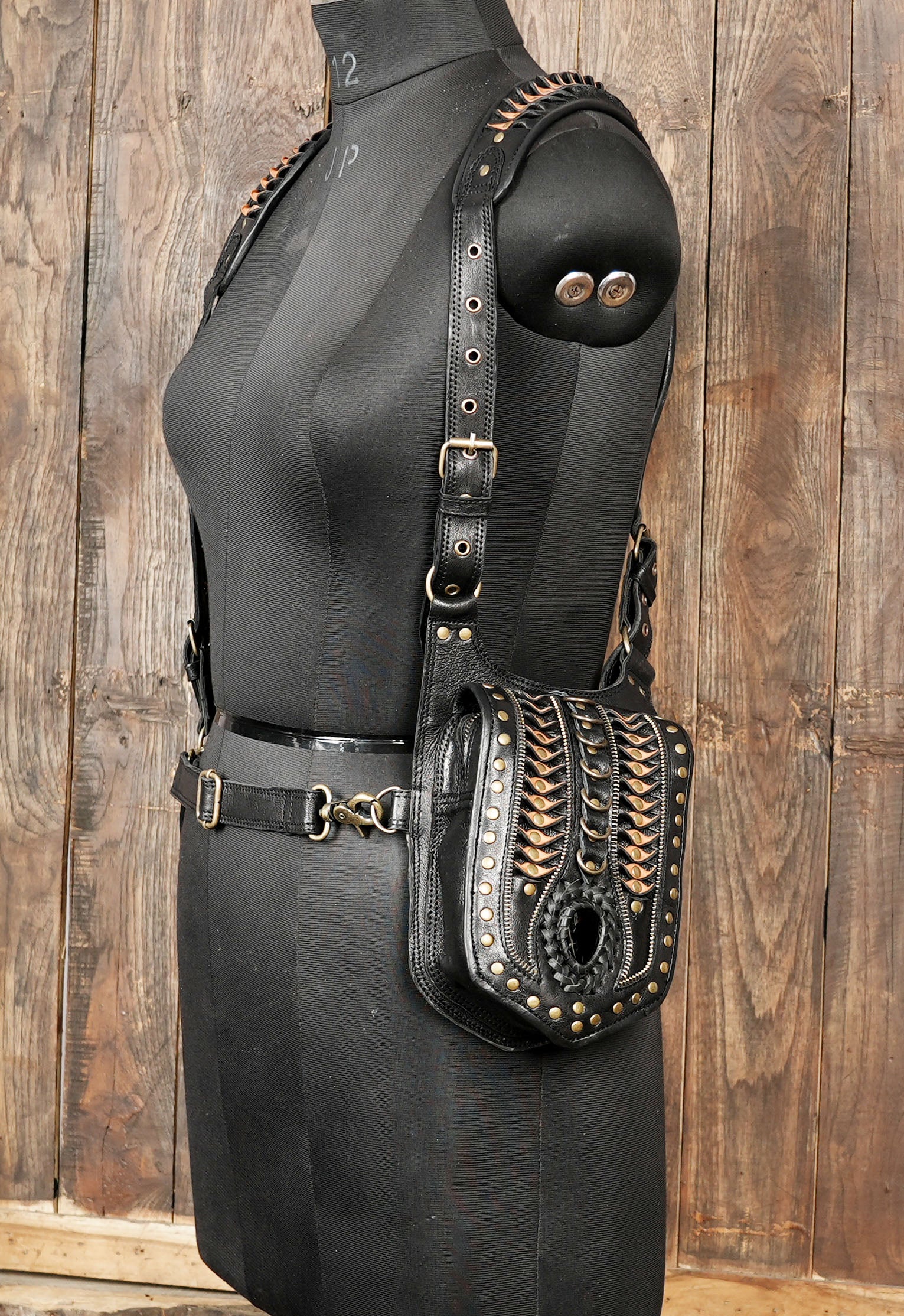 Handmade Black Leather Shoulder Holster with Dual Utility Pouches || Steampunk Black Leather Shoulder Holster with Dual Pockets (LT/AB/HLS/6053)