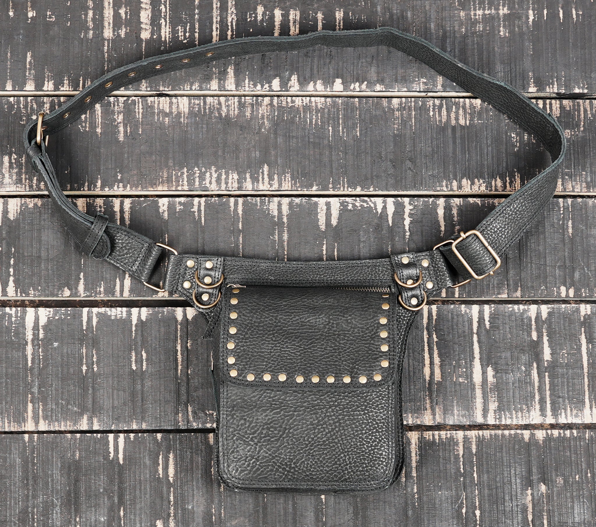 Black Genuine Leather Waist Belt Bag with Stud Detail || Unisex Black Leather Utility Waist Bag with Adjustable Belt (LT/AB/WB/6209)