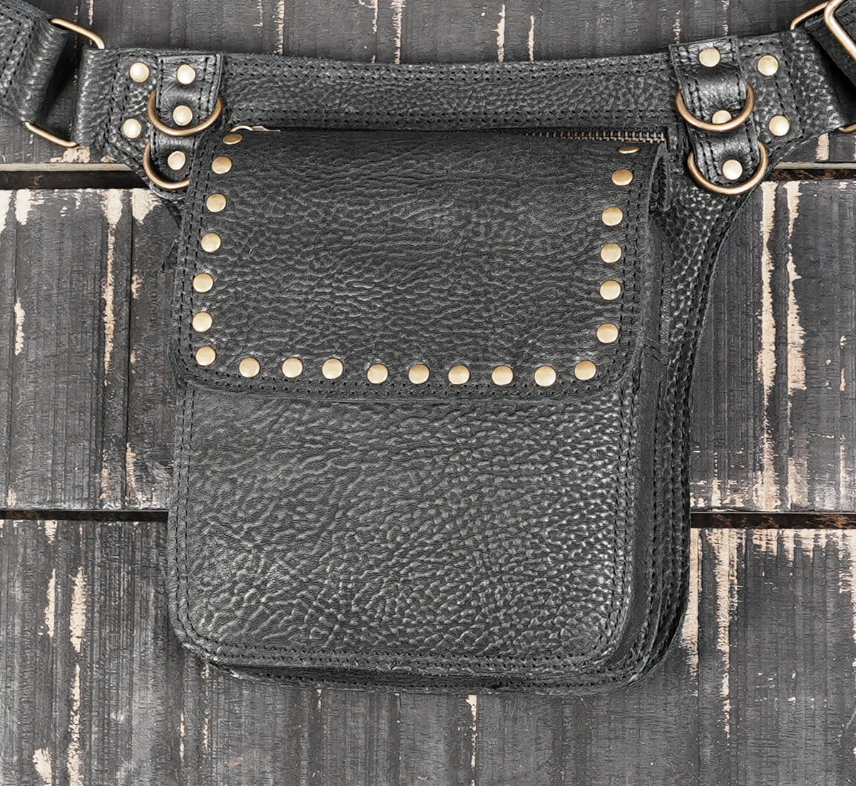 Black Genuine Leather Waist Belt Bag with Stud Detail || Unisex Black Leather Utility Waist Bag with Adjustable Belt (LT/AB/WB/6209)